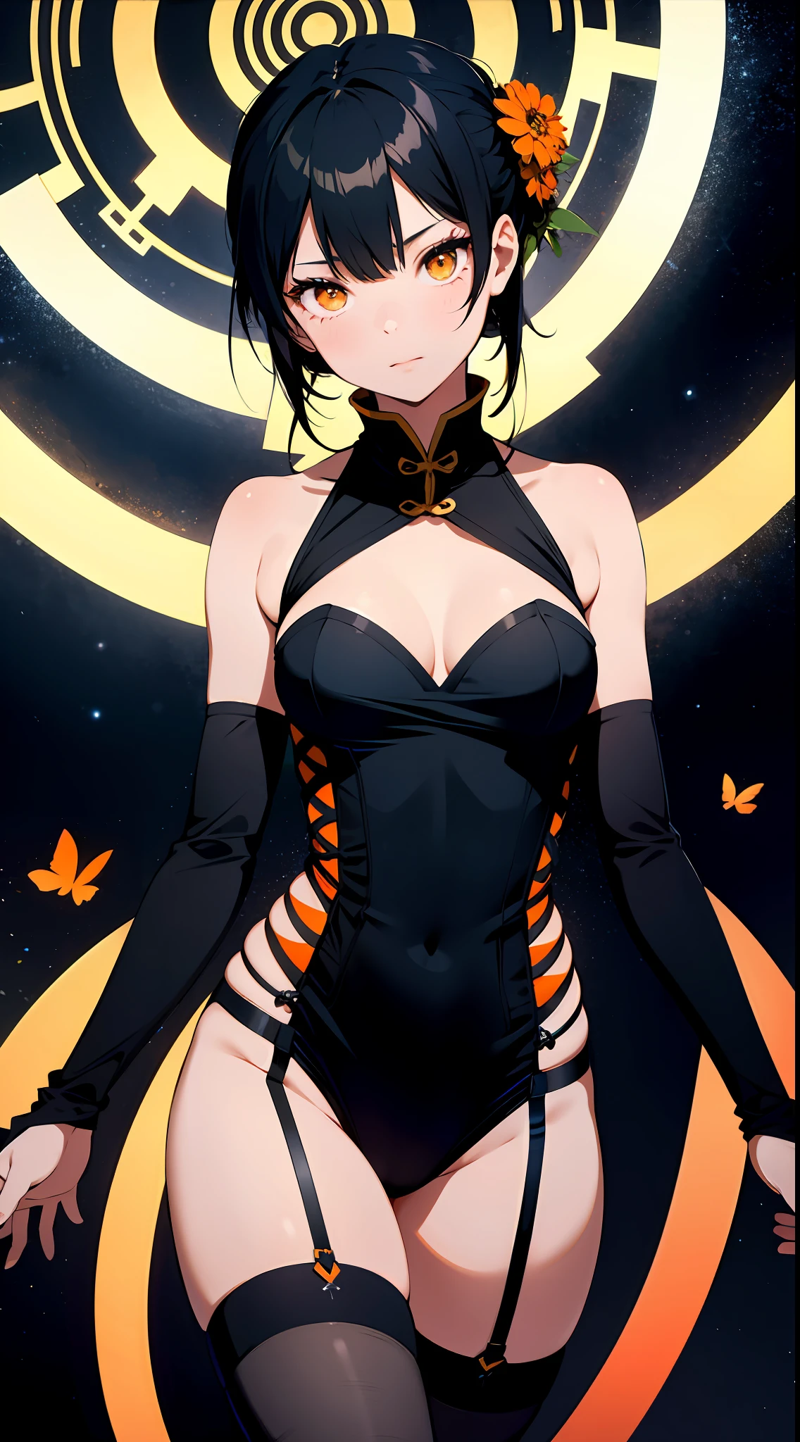 absurd res, high res, (masterpiece:1.4), ultra-detailed, 1girl, from front, space, floating, black mixed with orange Chinese dress, black dress, stockings, black hair, heart shape eyes, beautiful face, orange eyes, yellow eyes, garter belt, yandere