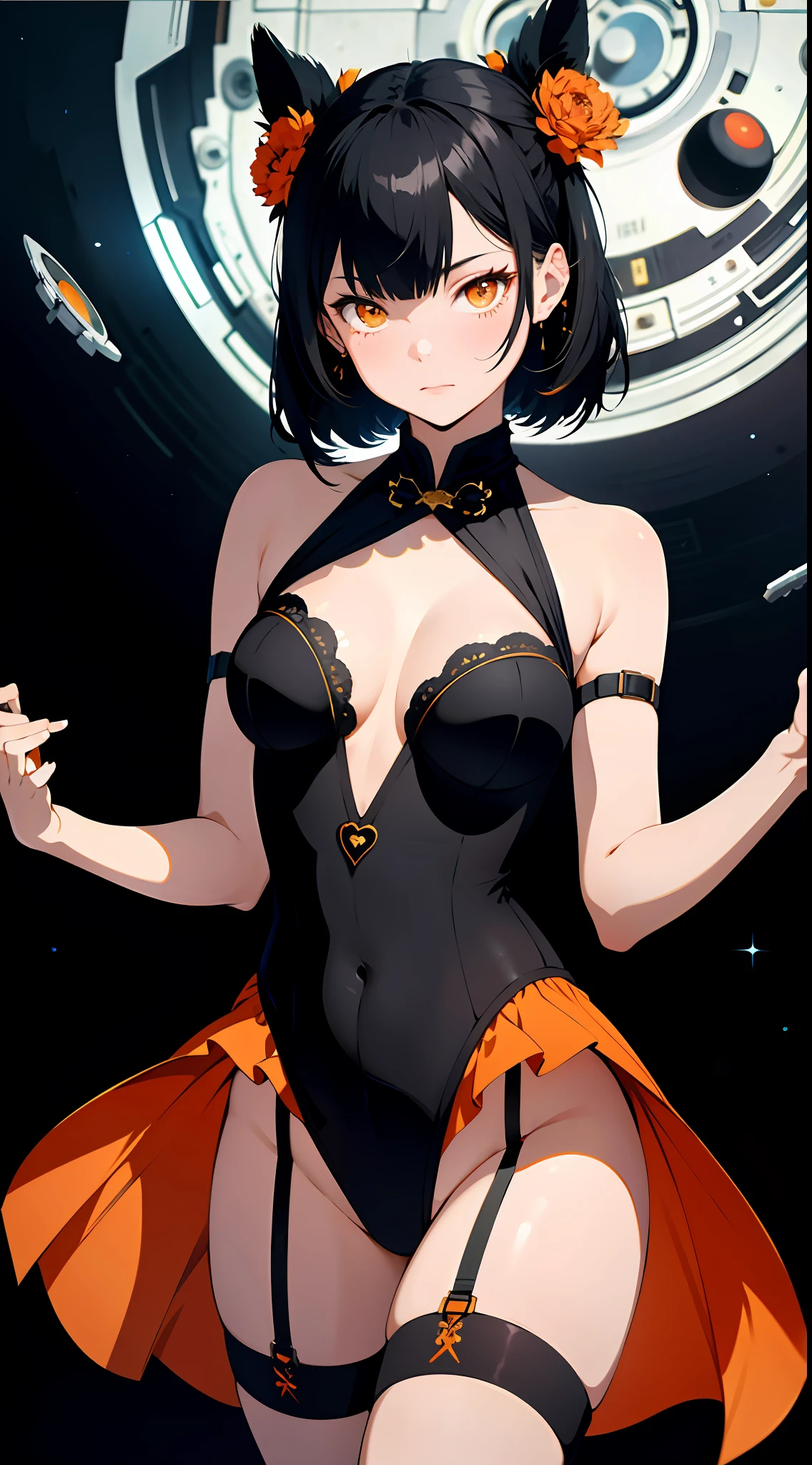 absurd res, high res, (masterpiece:1.4), ultra-detailed, 1girl, from front, space, floating, black mixed with orange Chinese dress, black dress, stockings, black hair, heart shape eyes, beautiful face, orange eyes, yellow eyes, garter belt, yandere