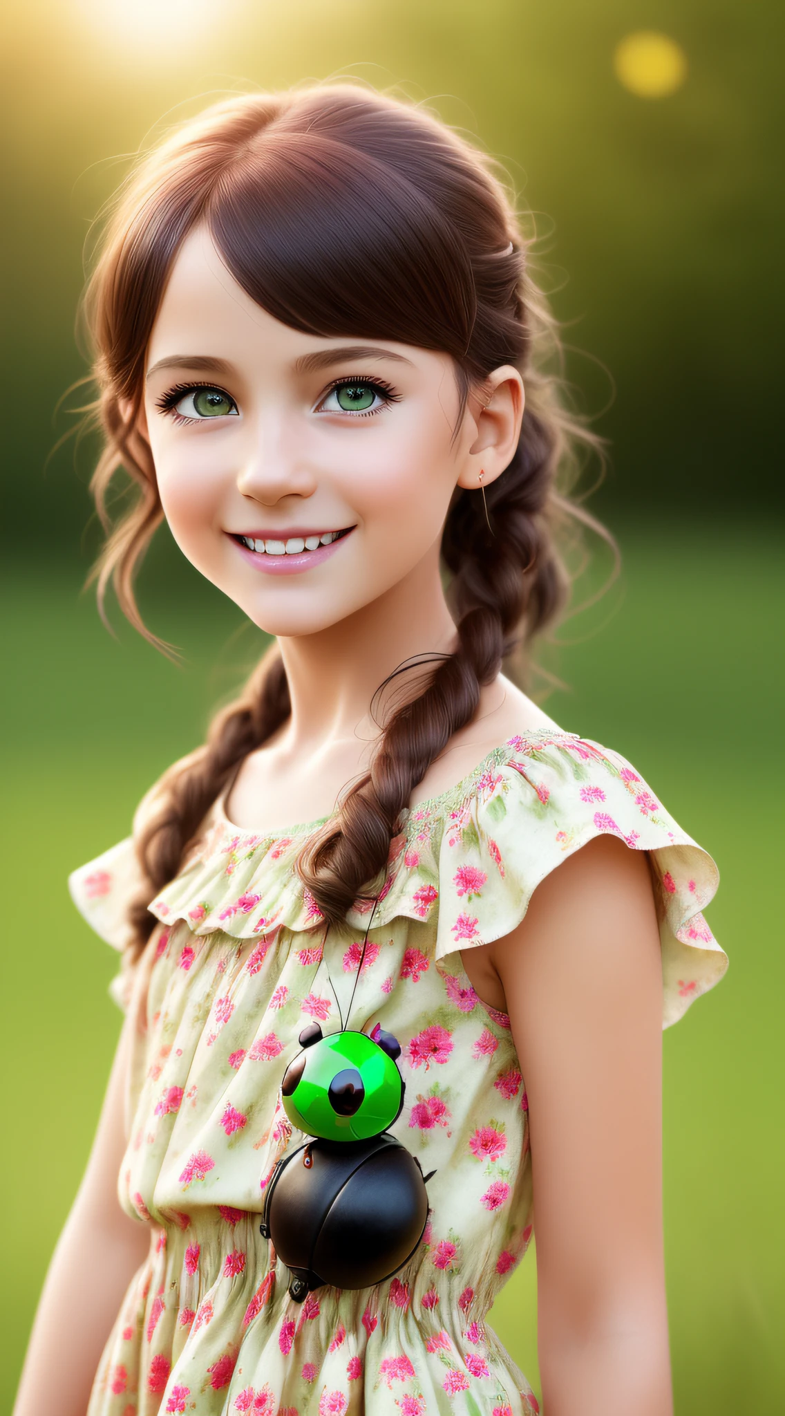 best quality, ultra high res, detailed face, realistic face,RAW photo, 
a park, standing, european girl,  little girl 3 years old, cute face, smile, Brown hair, detailed hair, short hair, shoes, baby shoes, dress, summer_dress, simple dress, light bright dress, cute baby dress, floral dress, (cheerful, energetic, happy:1.4), green eyes, hair small clip with ladybug, 
(hdr:1.4), dramatic, complex background, cinematic, filmic, (rutkowski, artstation:0.8),
insane details, intricate details, hyperdetailed, low contrast, soft cinematic light, exposure blend, hdr ,