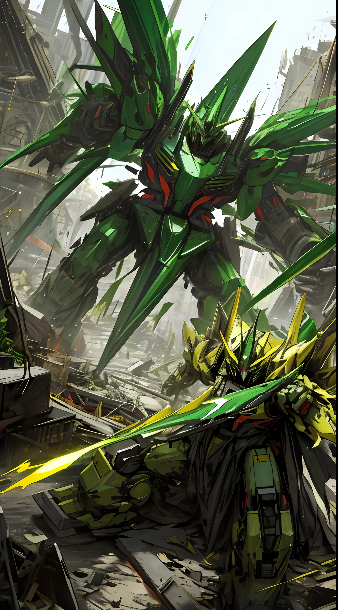 black and green and yellow, a gurren laggan mecha in a destroyed city