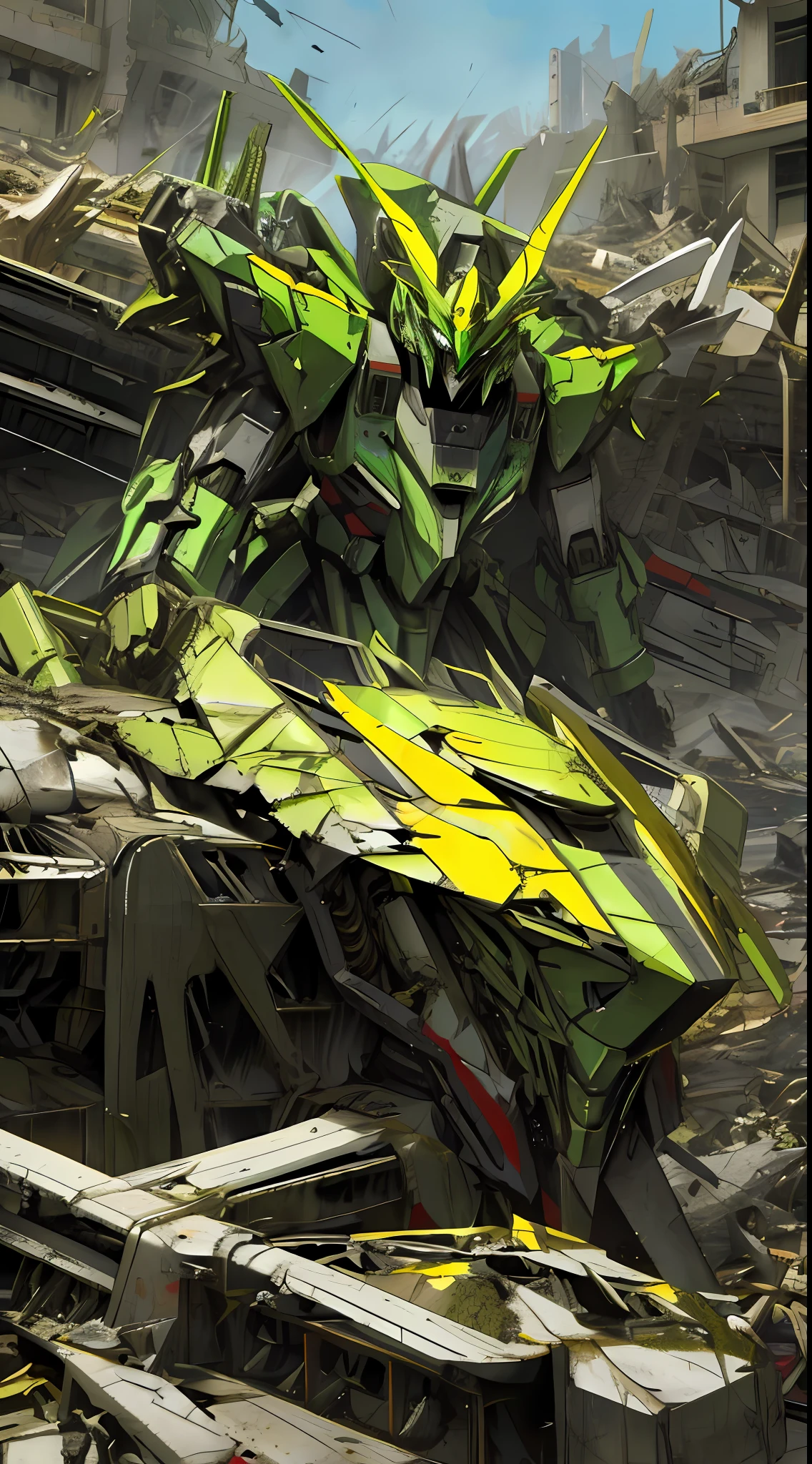 black and green and yellow, a gurren laggan mecha in a destroyed city