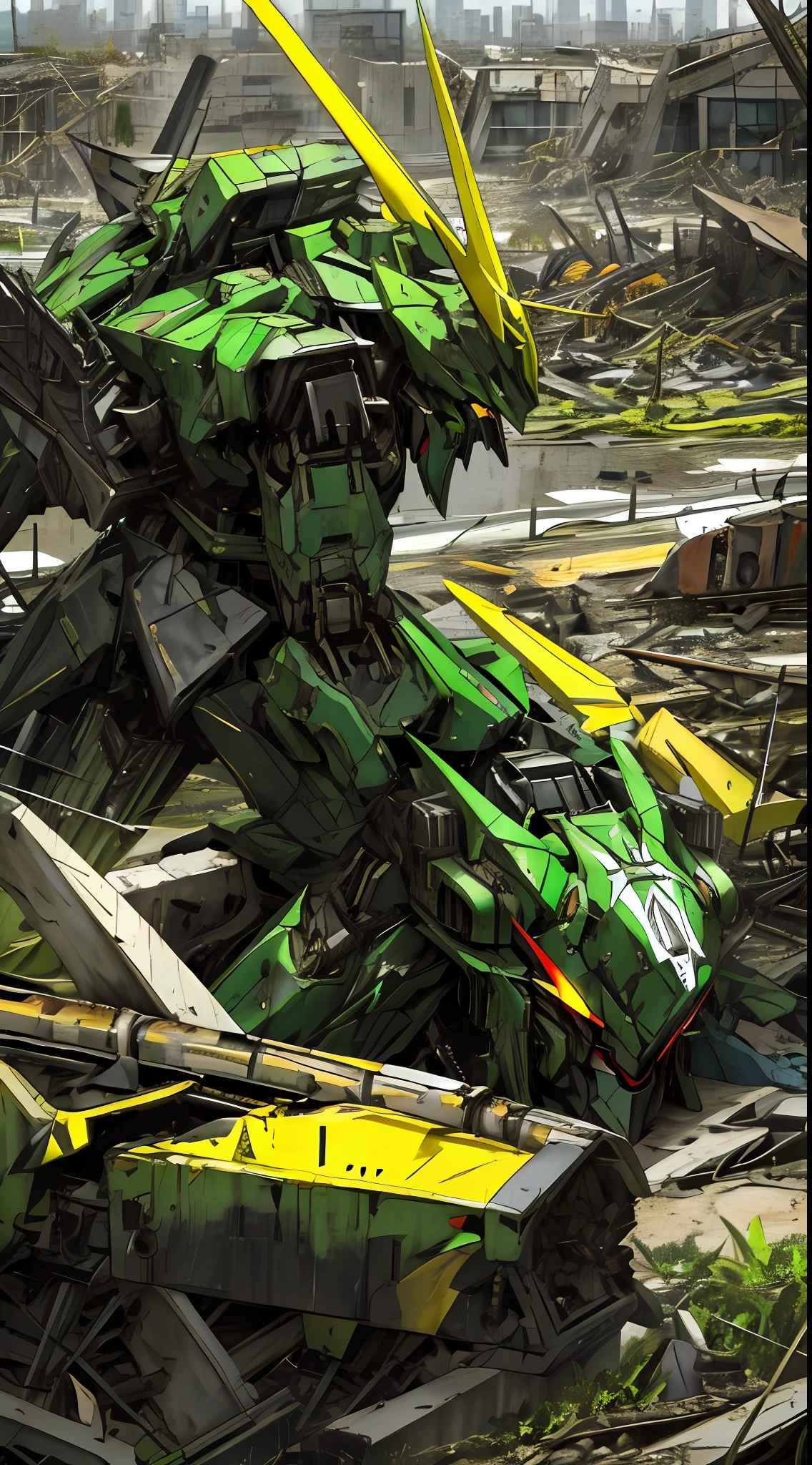 black and green and yellow, a gurren laggan mecha in a destroyed city