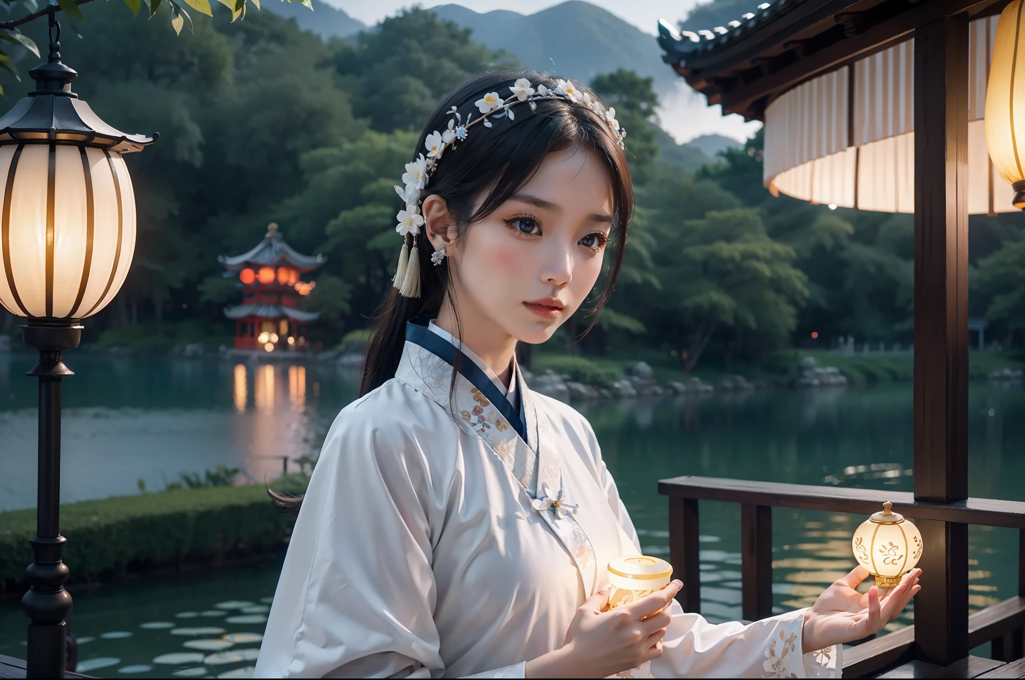 A gorgeous model dressed in white Hanfu and holding a small yellow lantern of delicate ancient China in her hand, in the pavilion by the dreamy West Lake of Hangzhou, outdoors, deep blue sky in the early morning, night view, photography grade lighting, 4K, product shooting, realistic details, perfect photos, close-up -ar 3:4 --q 2 --v 5 --s 750