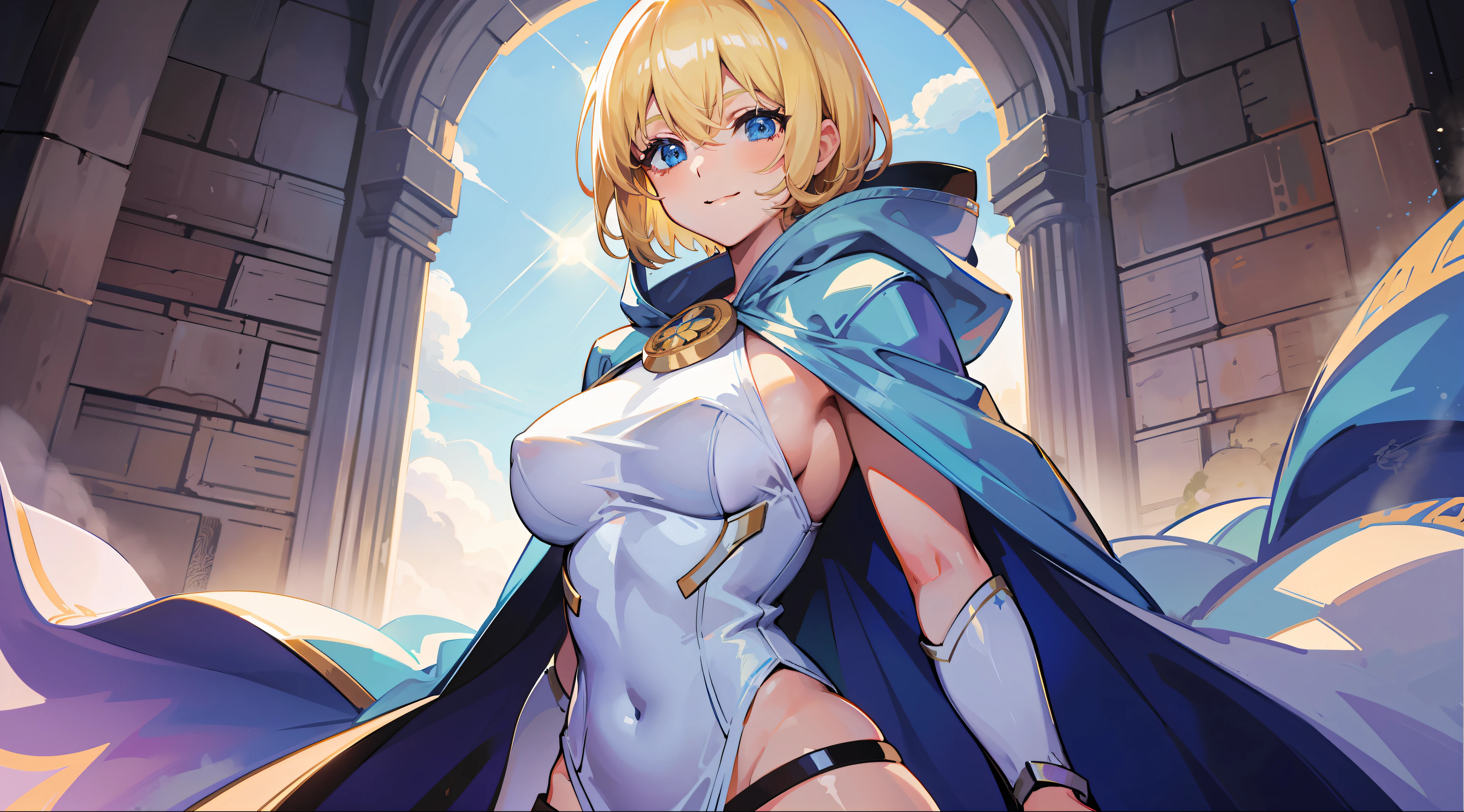 a girl, cleric, blonde, short hair, bright blue eyes, beautiful breasts, hair between eyes, bangs, full body, confident, heroic posture, smiling, looking at camera, white and blue robe, cape, hood lowered, fantasy, medieval, rays of sun