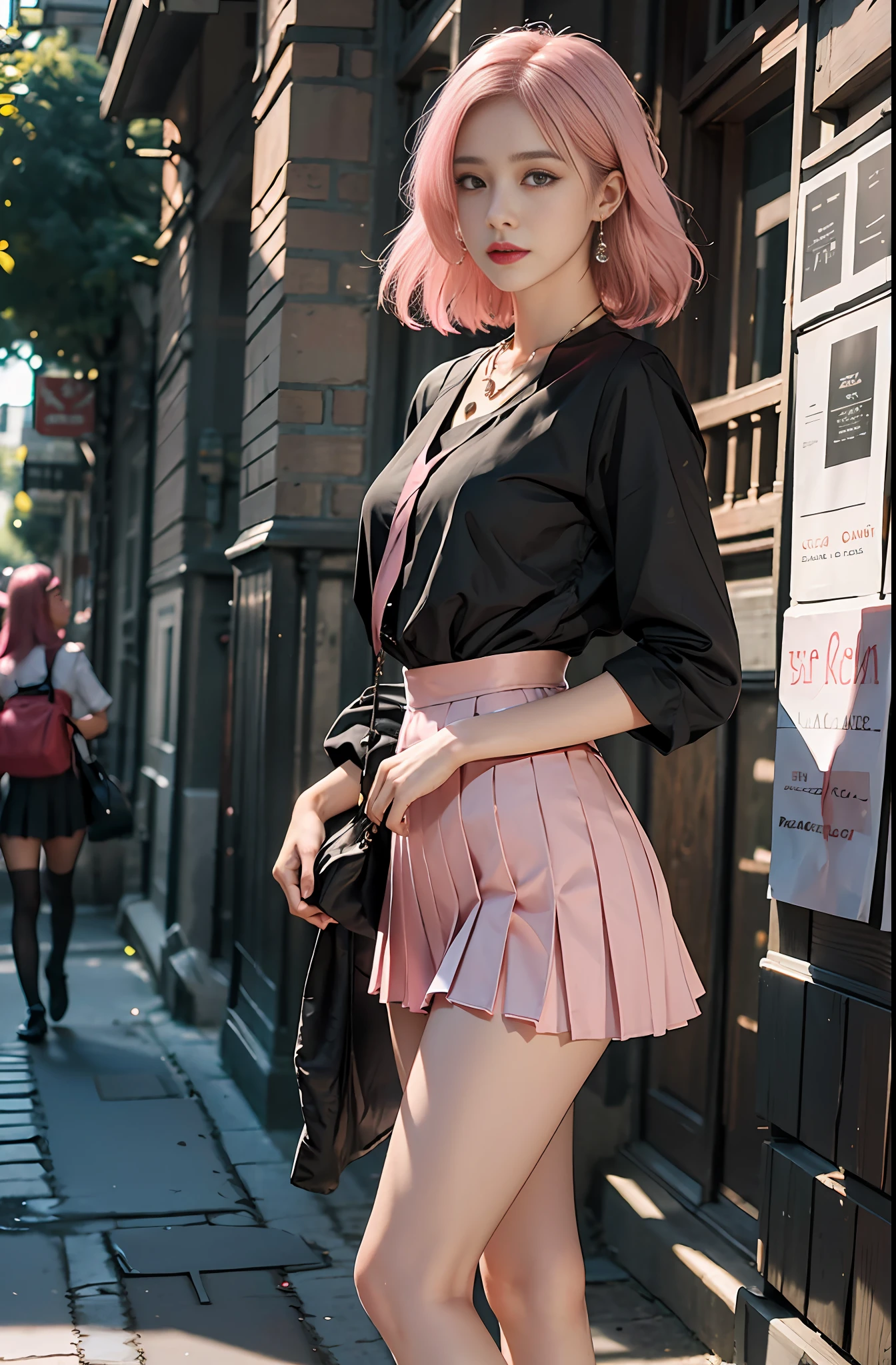 Masterpiece, 1 girl, waist up, faint smile, shiny skin, best quality, masterpiece, (realistic: 1.4), school uniform, pleated skirt, black stockings, background blur, (large aperture: 1.2), pink hair, necklace, earrings