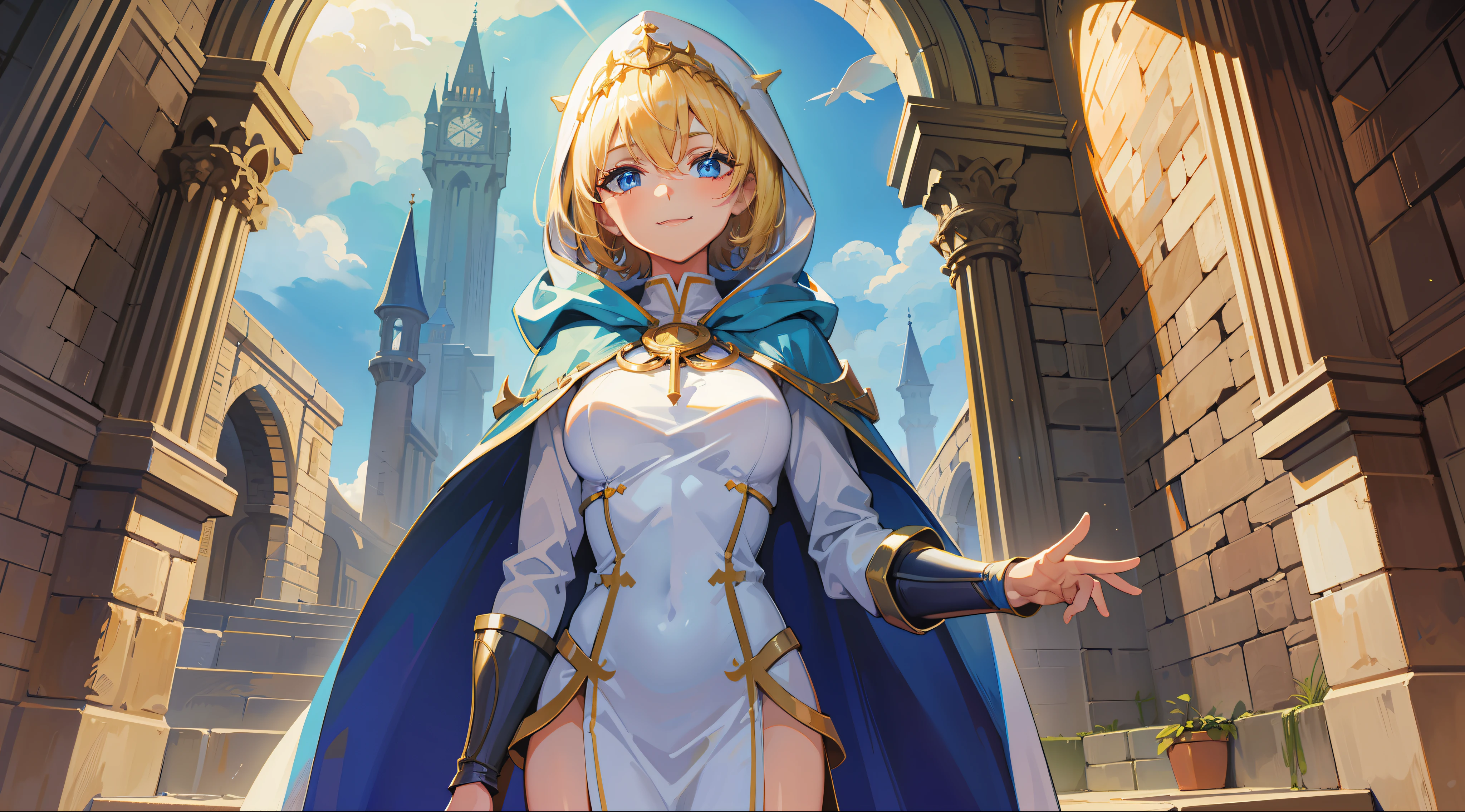 a girl, cleric, blonde, short hair, bright blue eyes, beautiful breasts, hair between eyes, bangs, full body, confident, heroic posture, smiling, looking at camera, white and blue robe, cape, hood lowered, fantasy, medieval, rays of sun