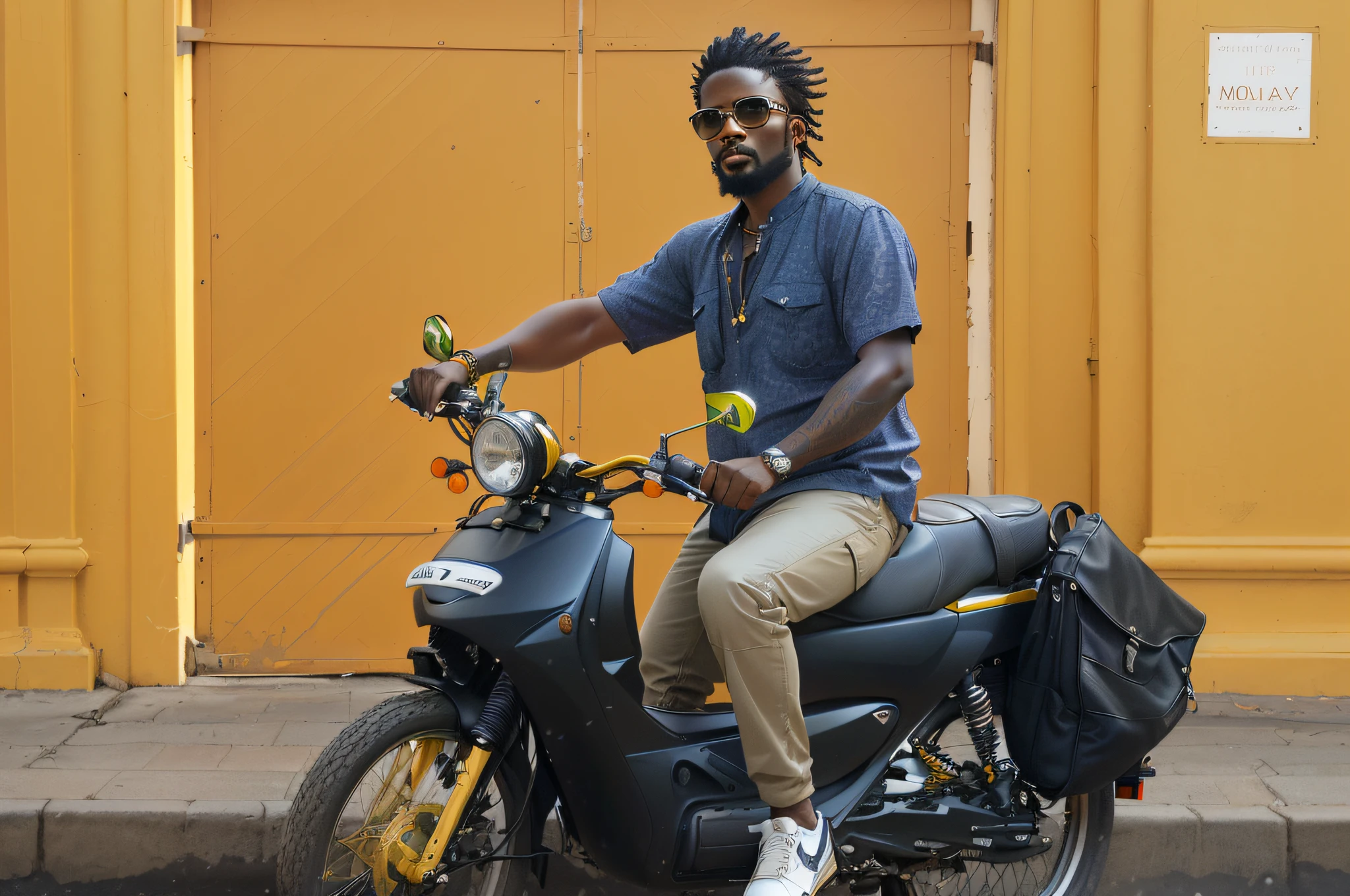 There is a man who is sitting on a motorcycle with a bag, moped, pondicherry, on the moped, motorcycle, sitting on a motorcycle, riding a motorcycle, Yasuke 5 0 0 models px, biker, riding a motorcycle on a street, biker, biker, 2019, 2 0 1 9