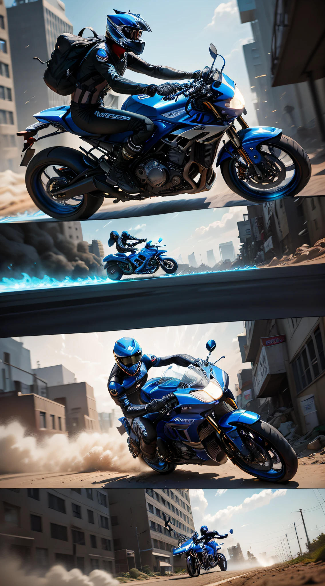/ Imagination Tip: [Illustration] Comic page, there are several panels on one page: in the smoke-filled city (Vista), several male and female racers riding motorcycles, racing frantically in alleys, tires rubbing ground sparks, smoke and dust (GoPro, f/2.8, motion blur, long exposure, diffuse backlight). [Multi-angle, continuous shooting] in the style of Steve Ditko, cobalt blue and reflective silver, film P30, asymmetrical composition