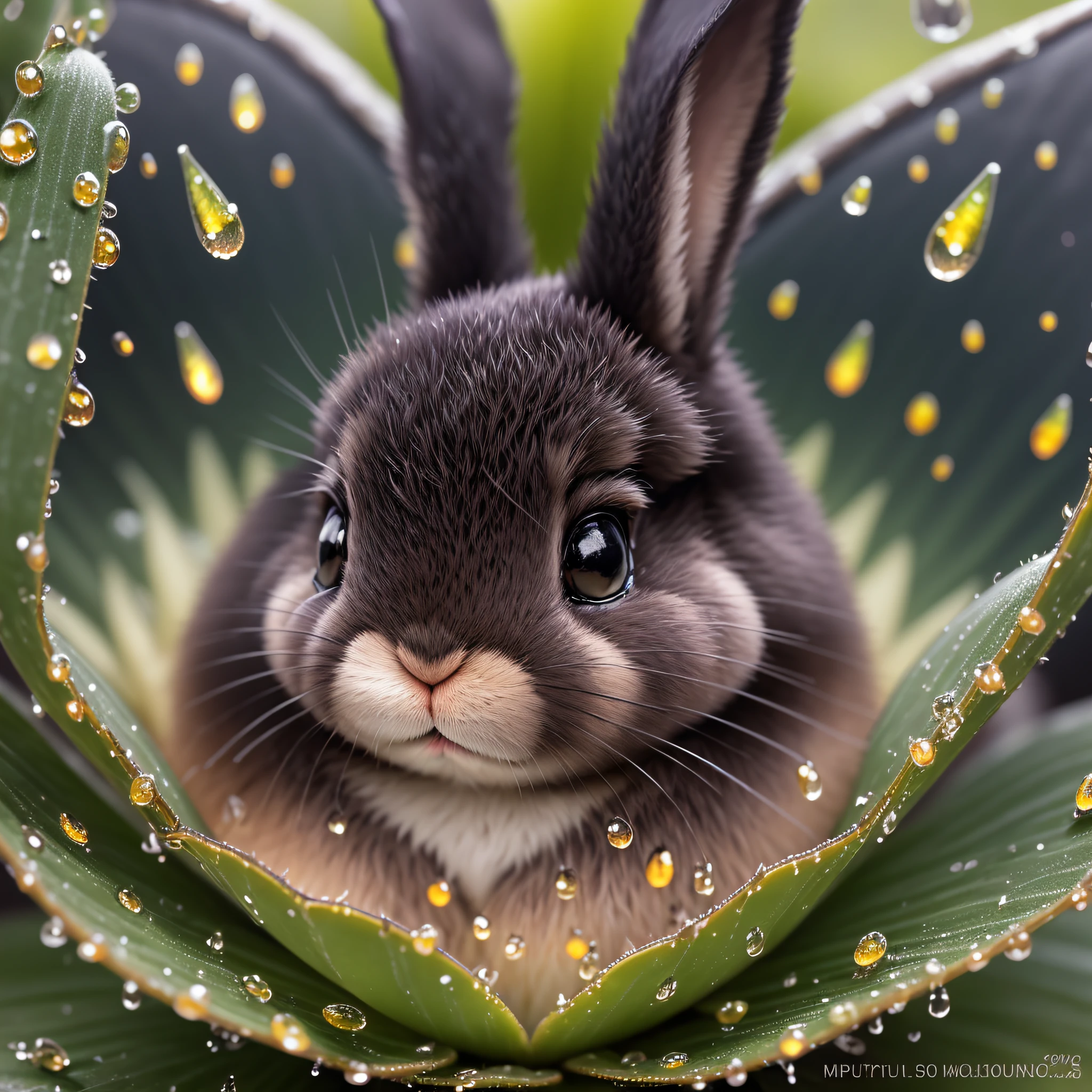 Black, chubby fleshy, inside the succulent garden, dewdrops, water drops, evening, close-up of a rabbit, super close-up, luminous, glow, hairy, firefly, volumetric fog, halo, bloom, center, rule of thirds, 200mm 1.4f macro shot