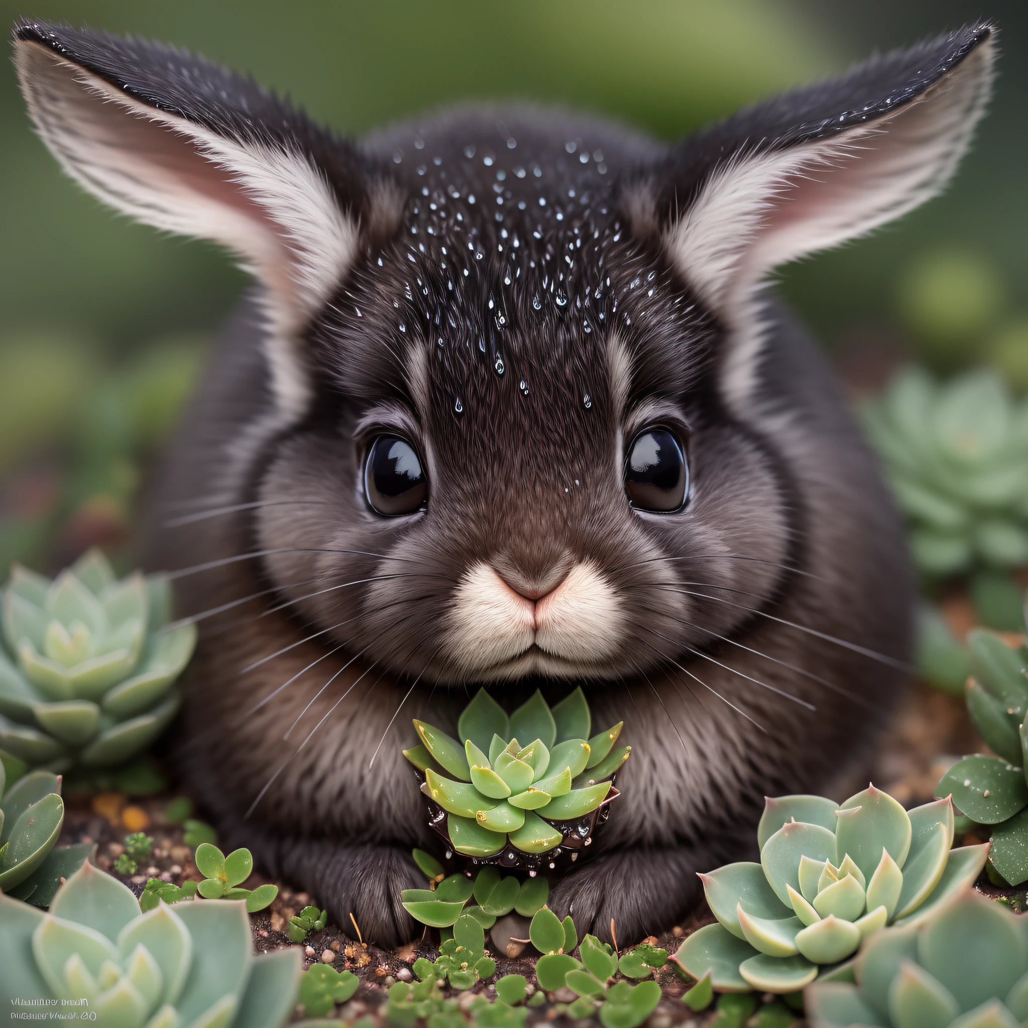 Black, chubby fleshy, inside the succulent garden, dewdrops, water drops, evening, close-up of a rabbit, super close-up, luminous, glow, hairy, firefly, volumetric fog, halo, bloom, center, rule of thirds, 200mm 1.4f macro shot