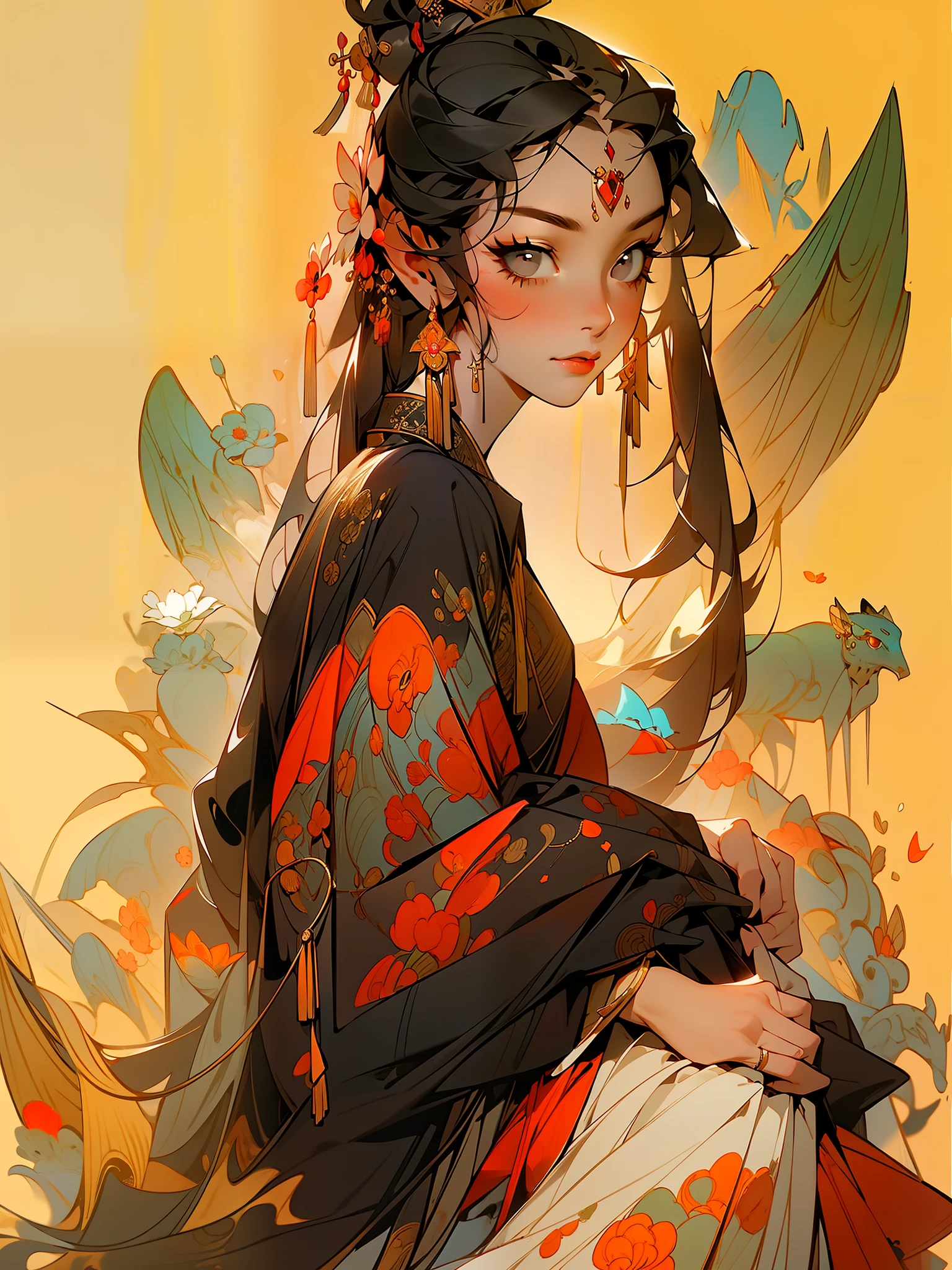 masterpiece, black_hair, 1girl, looking at viewer, long_hair, nail_polish, solo, jewelry, ancient art, chinese,