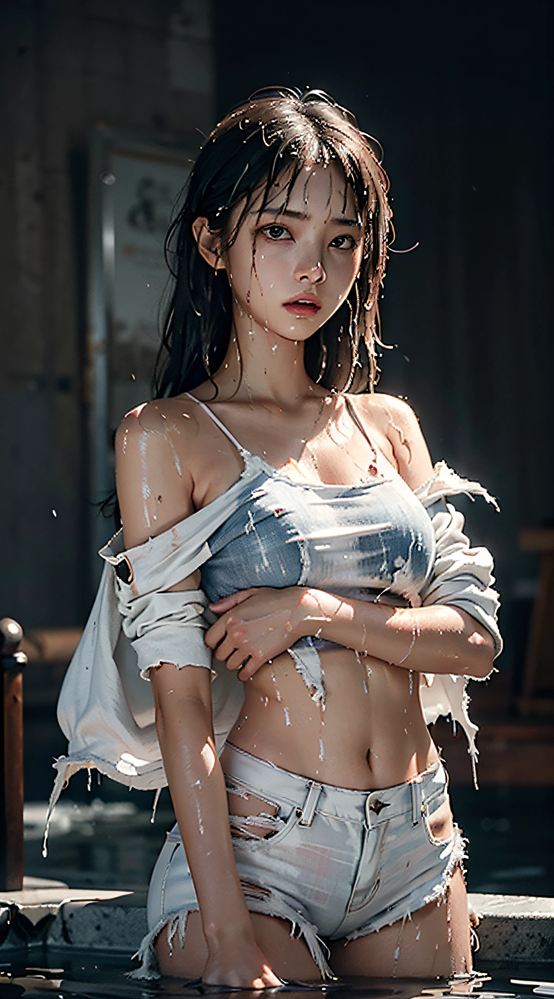 Best picture quality, masterpiece, ultra high resolution, (fidelity :1.4), photo, 1 girl,[(sadness)],white shirt, Dim, dark, desperate, pitying, pitiful, cinematic,tear,teardrop,(Torn clothes:1.5), (Wet clothes:1.4), bare shoulders,Real rain,wet hair,..