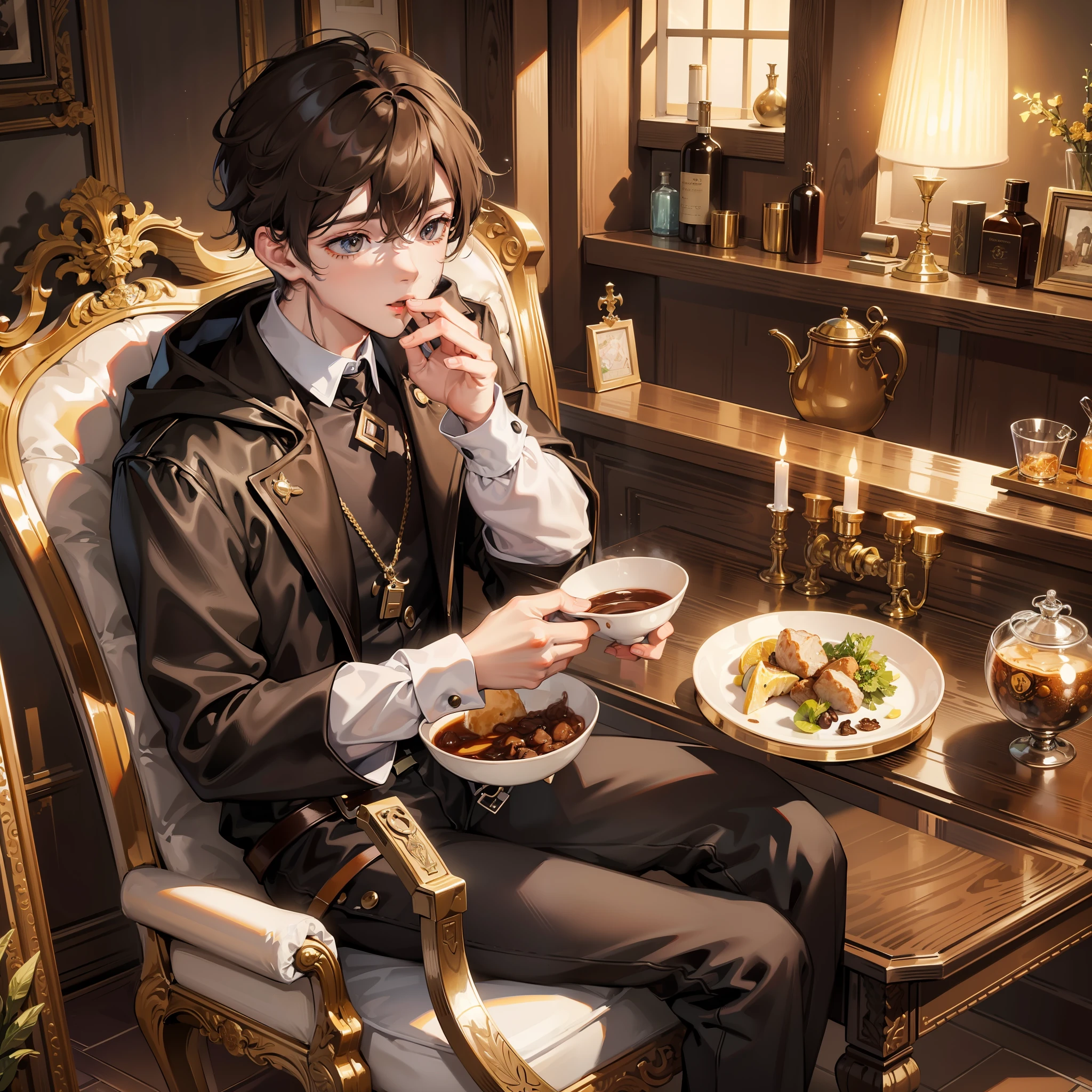 A boy who eats poop and becomes an alchemist, official art, 8k, masterpiece, best quality, highly detailed, boy: 1.2, alpaca: 1.2, alchemy equipment: 1.2, bronze: 1.2, black pill: 1.3