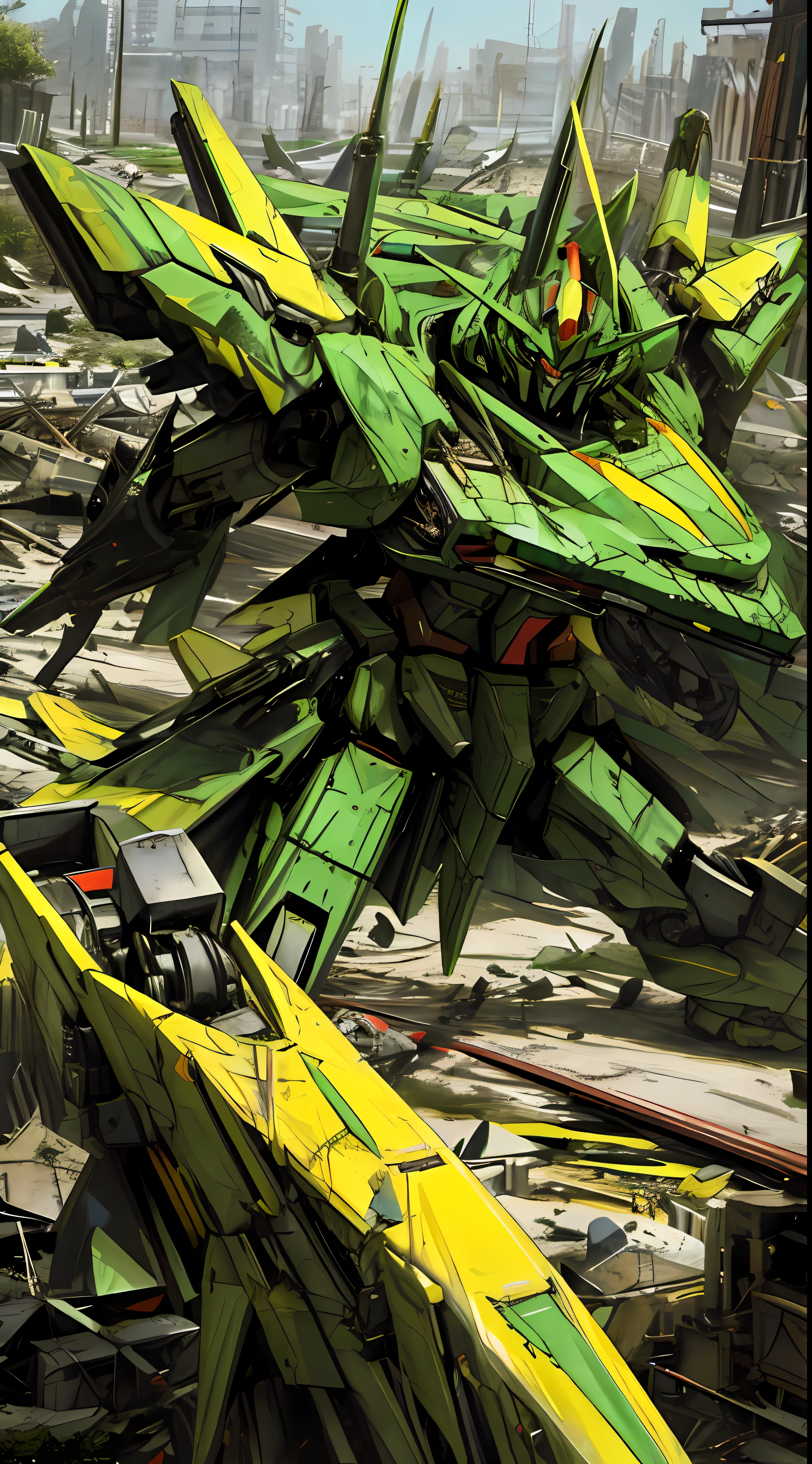 black and green and yellow, a gurren laggan mecha in a destroyed city