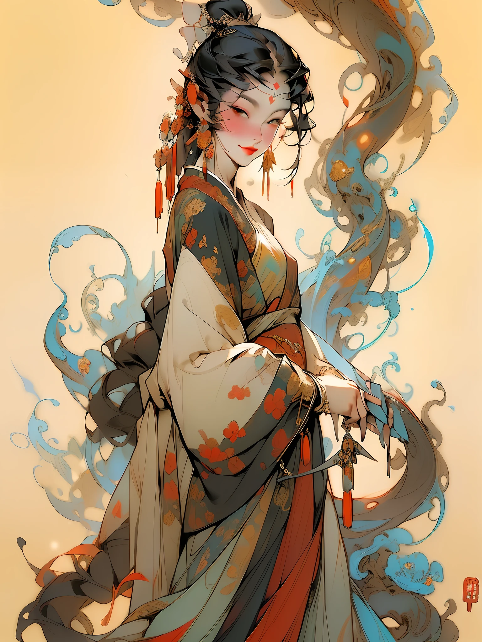 a close up of a woman in a kimono dress with a fan, alphonse mucha and rossdraws, a beautiful artwork illustration, artwork in the style of guweiz, beautiful character painting, guweiz, guweiz masterpiece, by Yang J, guweiz on artstation pixiv, guweiz on pixiv artstation, beautiful digital artwork