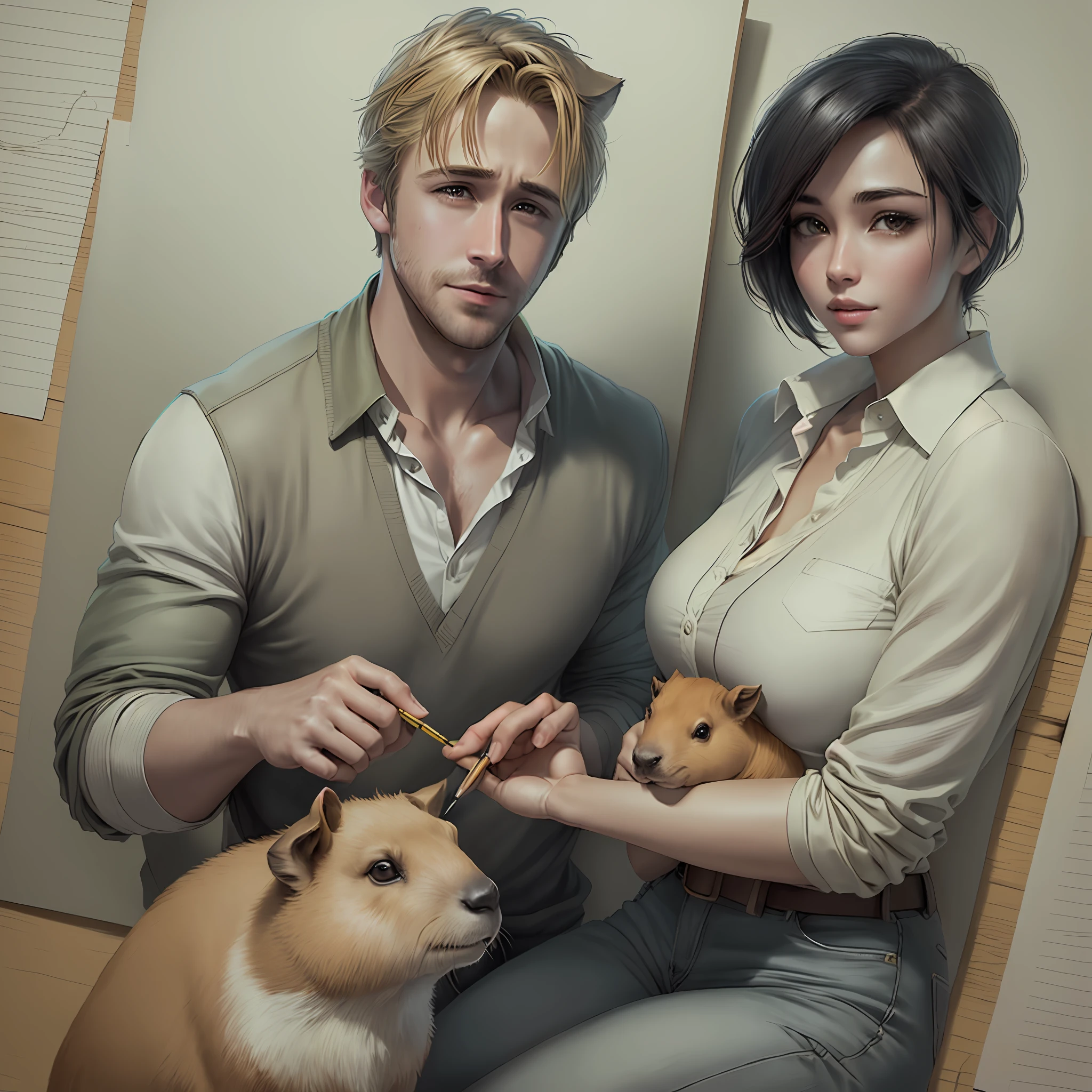 Ryan Gosling and Ada Wong holding two capybaras, pencil sketch, graphite pencil drawing, realistic, detailed