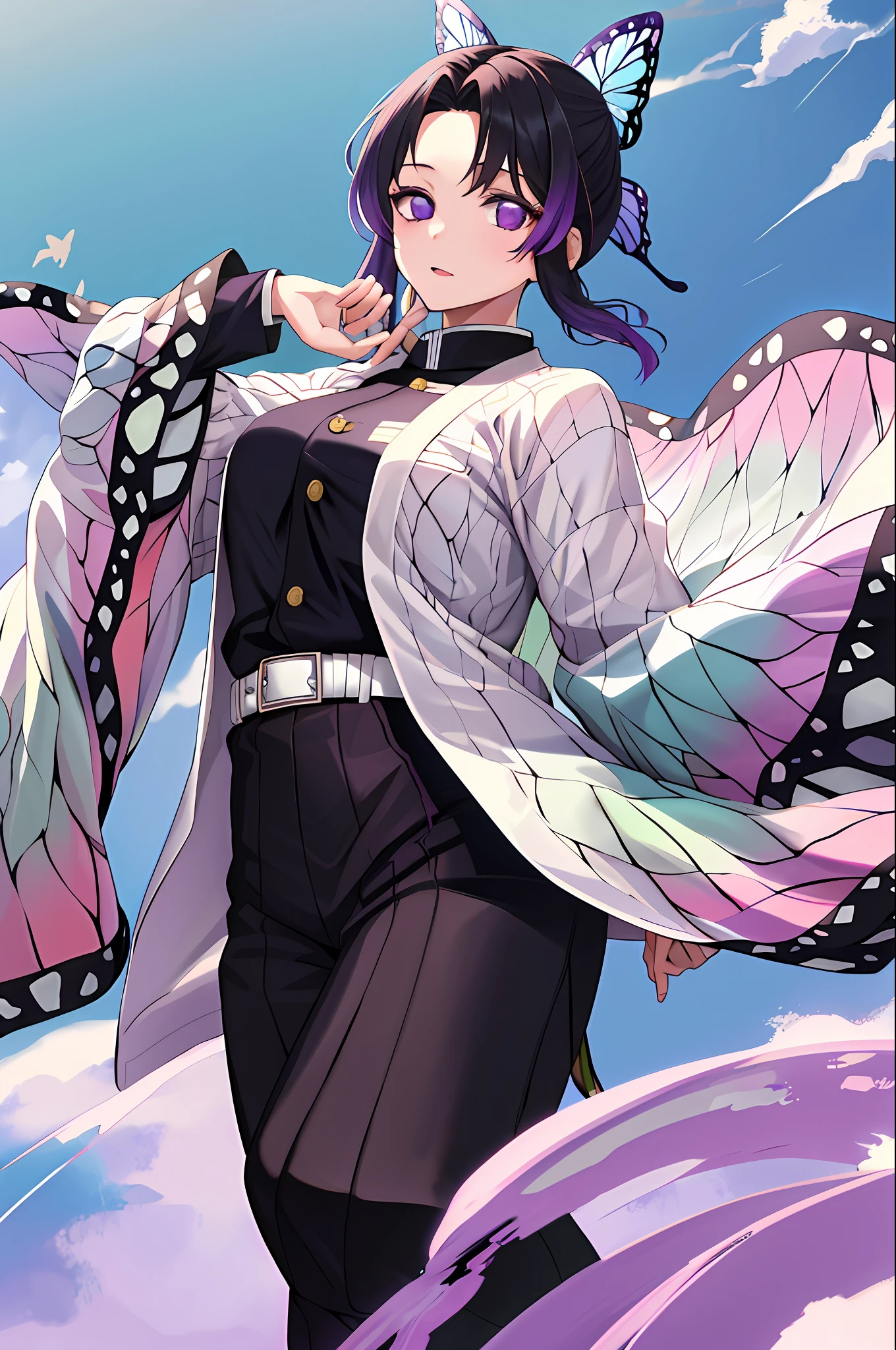 masterpiece, best quality, highres, 1girl, solo, kochou shinobu, butterfly hair ornament, purple eyes, multicolored hair, short hair, parted bangs, haori, wide sleeves, long sleeves, black pants, black jacket, belt, cowboy shot,