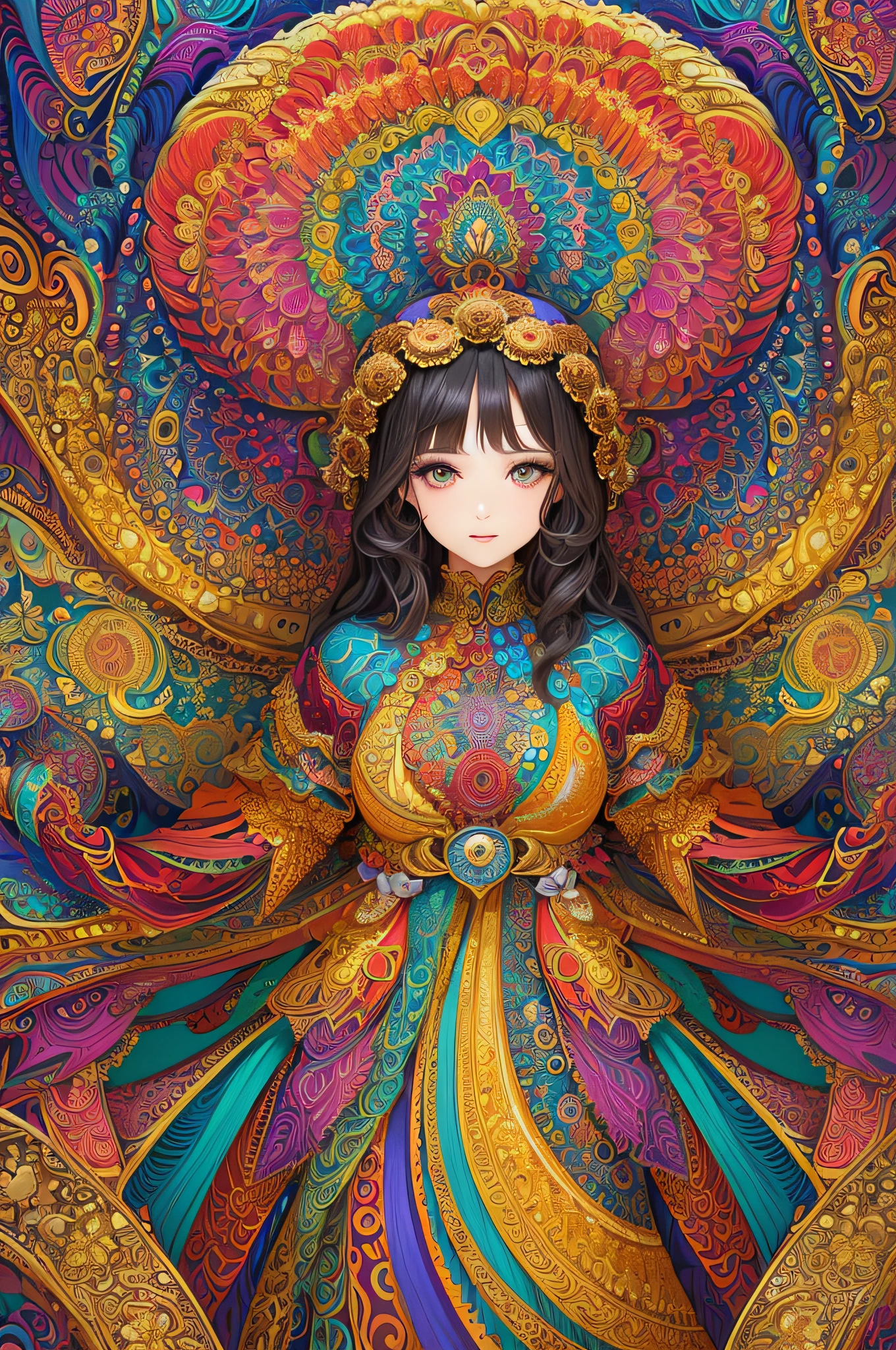 (masterpiece, top quality, best quality, official art, beautiful and aesthetic:1.2), (1girl:1.3), extremely detailed,(fractal art:1.2),colorful,highest detailed,(zentangle:1.2), (dynamic pose), (abstract background:1.5), (treditional dress:1.2), (shiny skin), (many colors:1.4), upper body