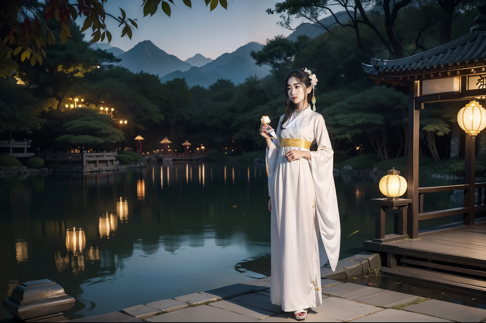 A gorgeous model dressed in white Hanfu and holding a small yellow lantern of delicate ancient China in her hand, next to the pavilion by the dreamy West Lake of Hangzhou, outdoors, deep blue sky in the early morning, night view, photography grade lighting, 4K, product shooting, realistic details, perfect photos, full body --ar 3:4 --q 2 --v 5 --s 750