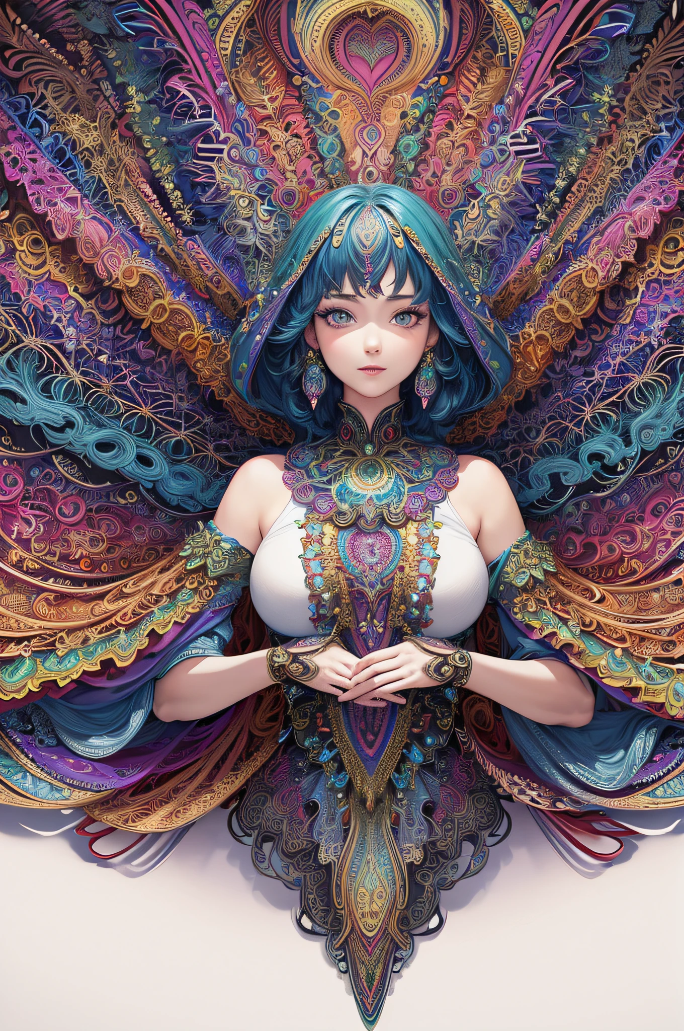 (masterpiece, top quality, best quality, official art, beautiful and aesthetic:1.2), (1girl:1.3), extremely detailed,(fractal art:1.2),colorful,highest detailed,(zentangle:1.2), (dynamic pose), (abstract background:1.5), (treditional dress:1.2), (shiny skin), (many colors:1.4), upper body