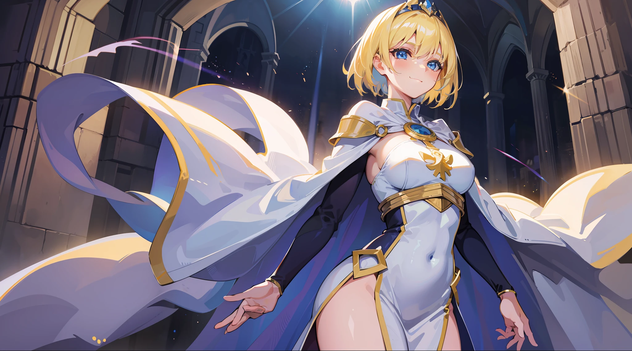 a girl, cleric, blonde, short hair, bright blue eyes, beautiful breasts, hair between eyes, bangs, full body, confident, heroic posture, smiling, looking at camera, white robe, cape, costume, medieval square, rays of sun