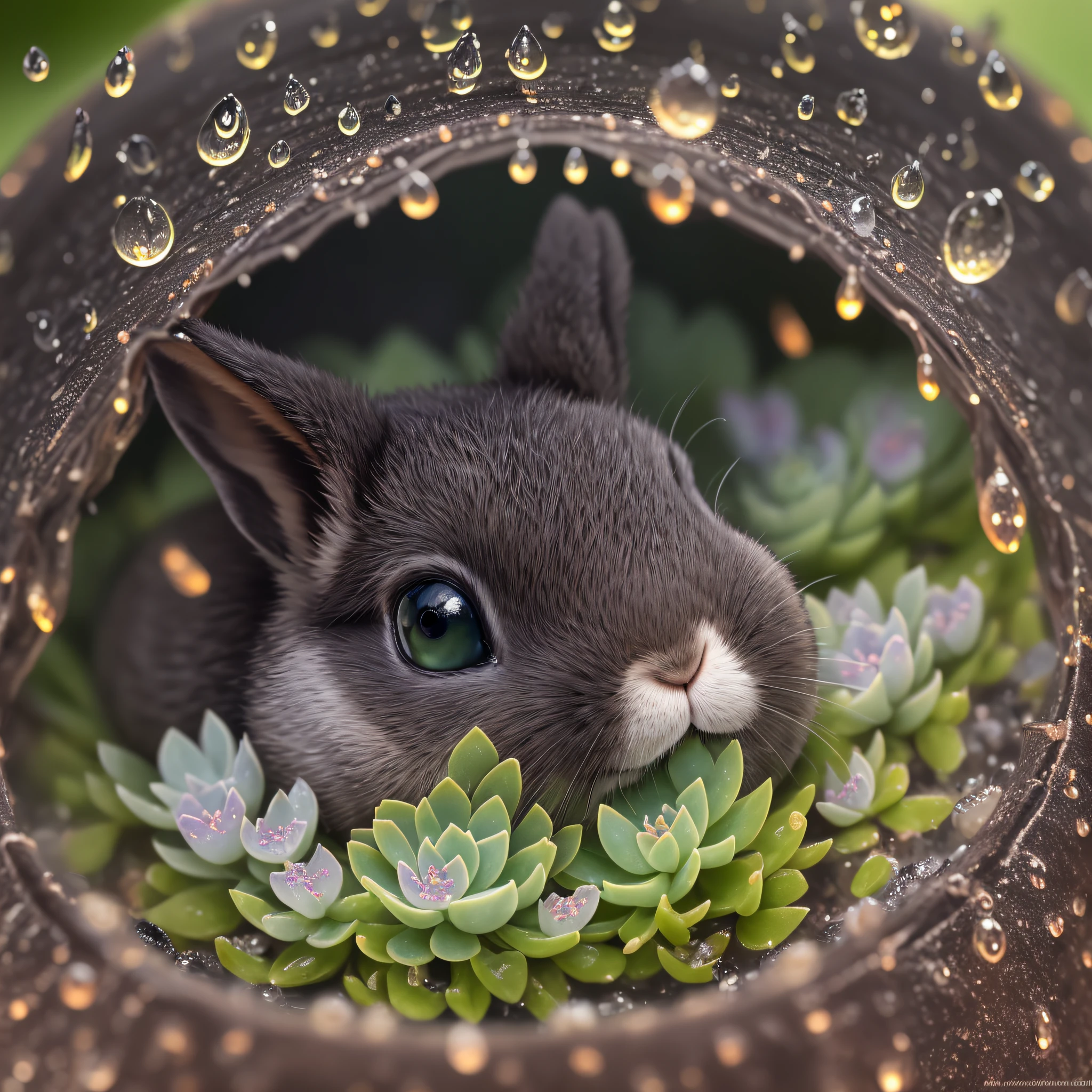 Black, chubby fleshy, inside the succulent garden, dewdrops, water drops, evening, close-up of a rabbit, super close-up, luminous, glow, hairy, firefly, volumetric fog, halo, bloom, center, rule of thirds, 200mm 1.4f macro shot