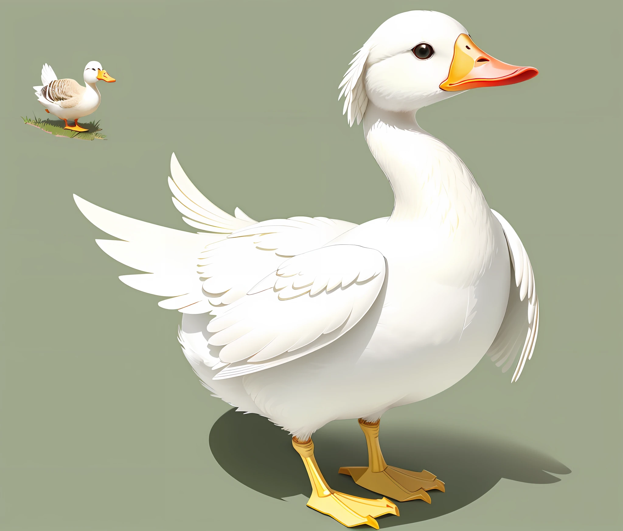 There is a white duck with brown beak standing on green background, illustration of duck, wireless, cute goose, detailed duck, theme = duck, goose, duck, armored duck, round beak, surreal bird, duck shaped spaceship, no texture, scientist is duck, simple illustration, poly, low poly aliases, various other forms --auto --s2
