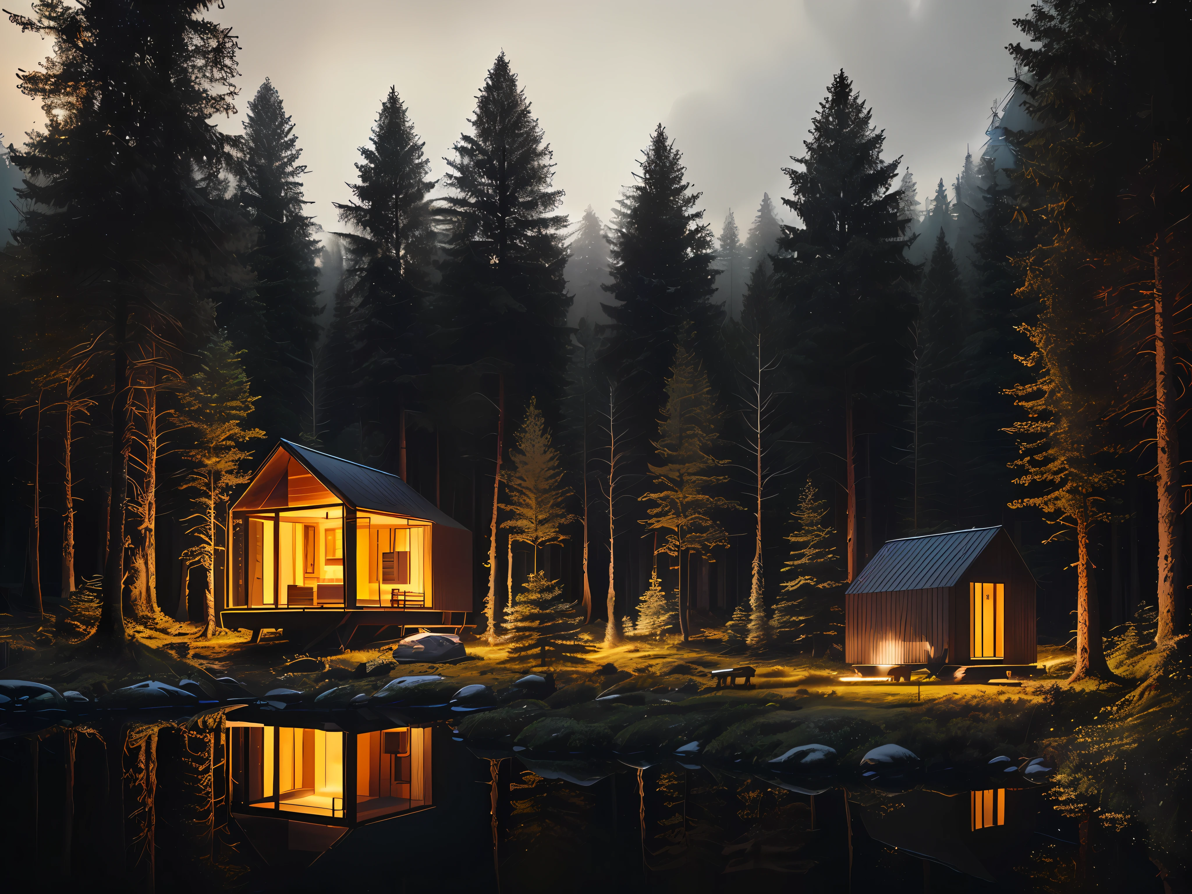 there are two cabins sitting in the middle of a forest, house in forest, cabin in the woods, cottage in the forest, minimalistic house in the wood, the small house in the forest, modern house in the wood, solitary cottage in the woods, by Aleksander Gierymski, wood cabin in distance, cottage in the woods