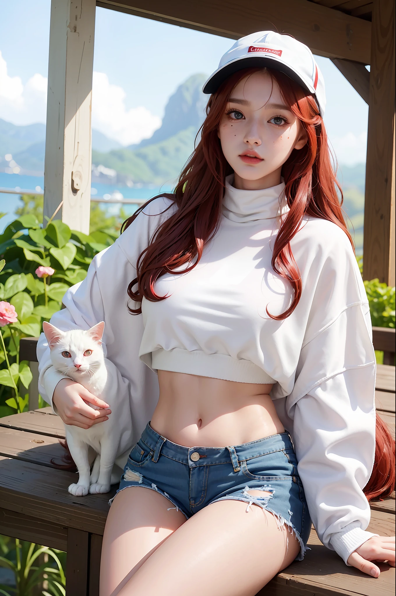 realistic, high resolution, 1 girl, red wavy hair, korean, heterochromic eyes, small moles under the eyes, loose turtleneck opaque white shirt with shawl, denim shorts, visor, lower abdomen, thighs, garden, holding kitten,