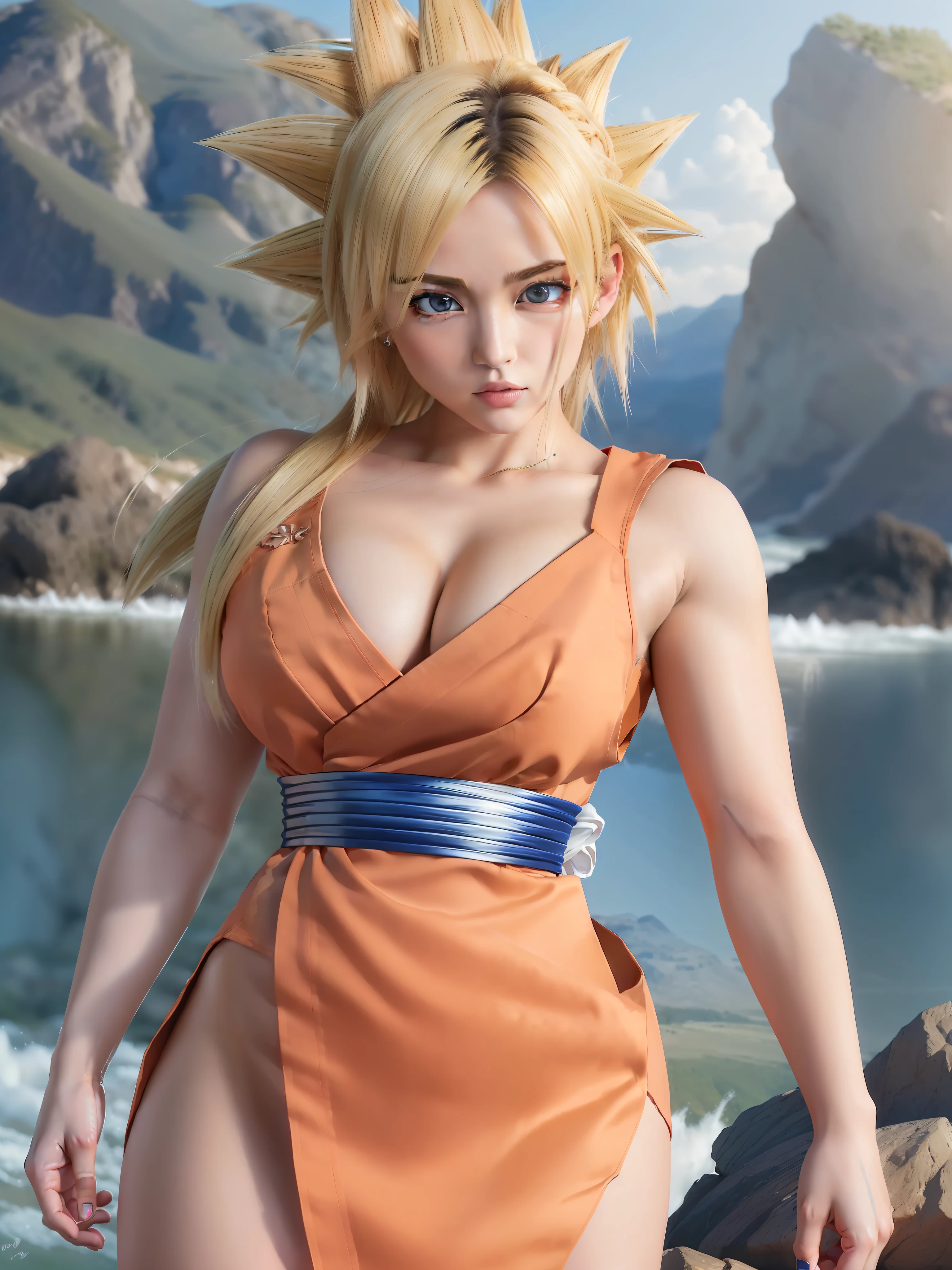 (son goku:1.4), 1girl, closed mouth, female focus, muscular, muscular female, rock, sash, serious, solo, spiked hair, torn clothes, ultra instinct, (masterpiece, best quality, extremely detailed 8k, ultra hd, ultra-detailed, highly detailed, highly realistic, photo realistic), (1girl:1.5), (beautiful realistic face, detailed realistic face), (high detailed realistic natural blonde hair, beautiful realistic hairstyle), (beautiful realistic eyes, high detailed realistic blue eyes, proportional eyes, realistic pupils, high detailed pupils), (high detailed realistic natural eyebrows), (high detailed realistic lips, beautiful realistic lips, pink lipsticks), (upper body from head to thighs, slender body:1.5), highly detailed realistic skin, sharp focus,