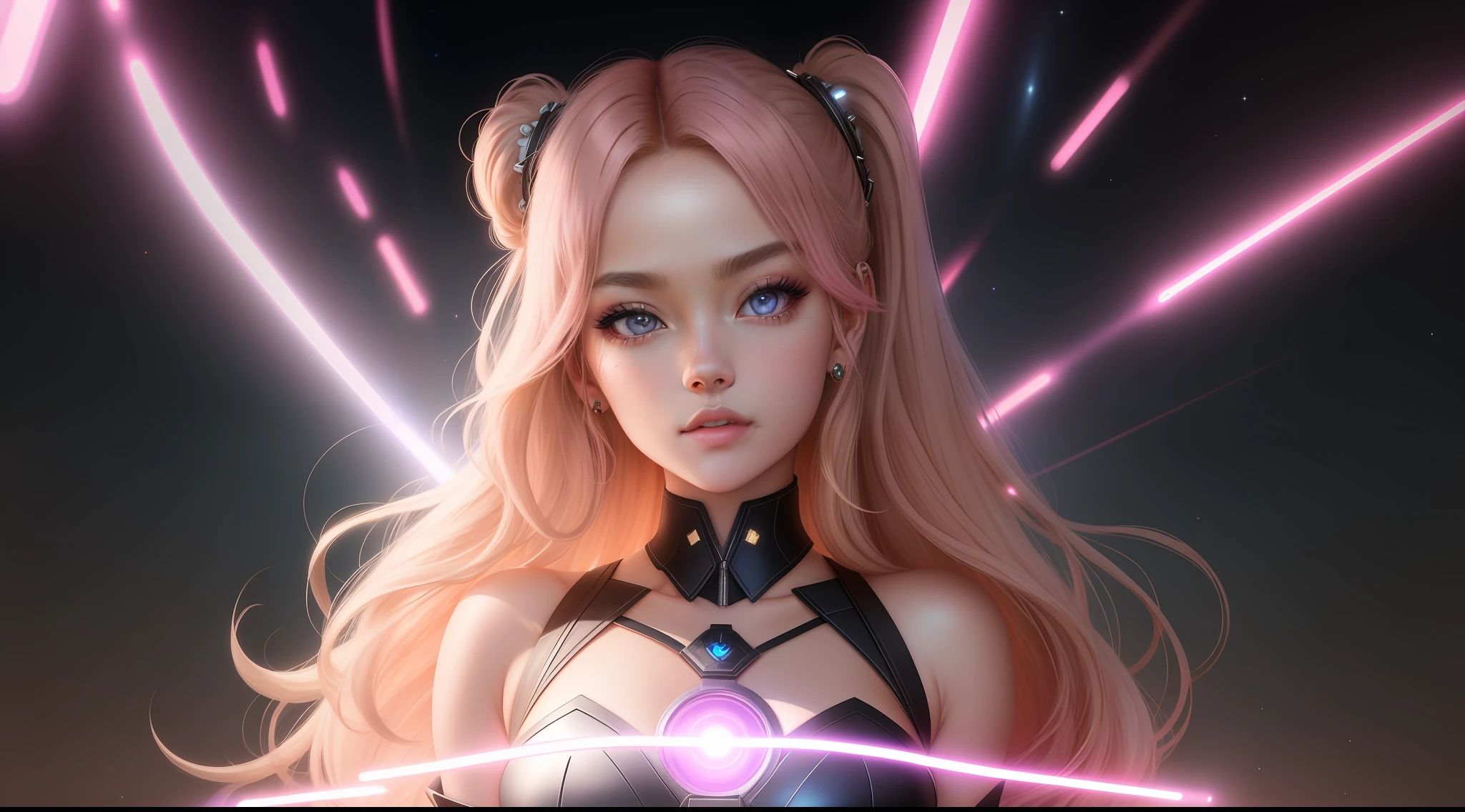 (masterpiece), (full body, full body), realistic, (portrait of 23 years Rosé Blackpink), Margot Robbie, beautiful face, beautiful face, sunlight, cinematic light, bangs, a beautiful woman, serious look, combat pose, blue lightsaber, beautiful eyes, perfect eyes, small moles under the left eye, light blonde hair, perfect anatomy, very beautiful, princess eyes, (hazelnut eyes), Ulzzang makeup, (head frame), centered image, stylized, bioluminescence, 8 full size, 8k resolution, black and pink jedi costume, human hands, full wonder, elegant, approaching perfection, space station background, dynamic, highly detailed, character sheet, smooth, facing directly to the viewer positioned so that his body is symmetrical and balanced, Incredibly beautiful woman, detailed hairstyle, perfect body, small breasts, medium butt, perfect silhouette, hyper detailed