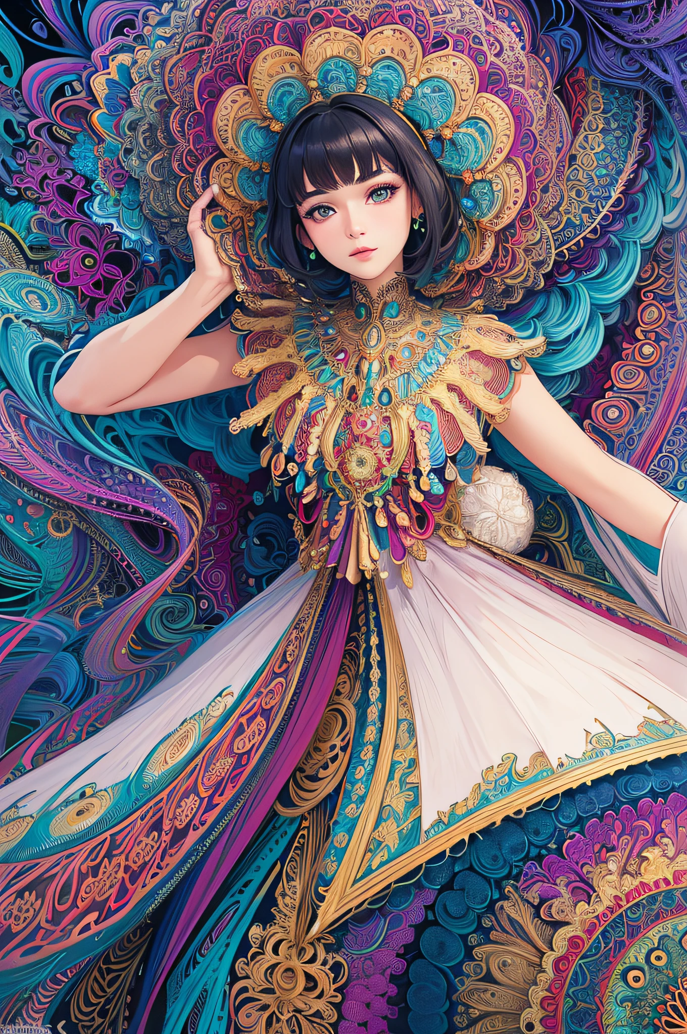 (masterpiece, top quality, best quality, official art, beautiful and aesthetic:1.2), (1girl:1.3), extremely detailed,(fractal art:1.2),colorful,highest detailed,(zentangle:1.2), (dynamic pose), (abstract background:1.5), (treditional dress:1.2), (shiny skin), (many colors:1.4), upper body