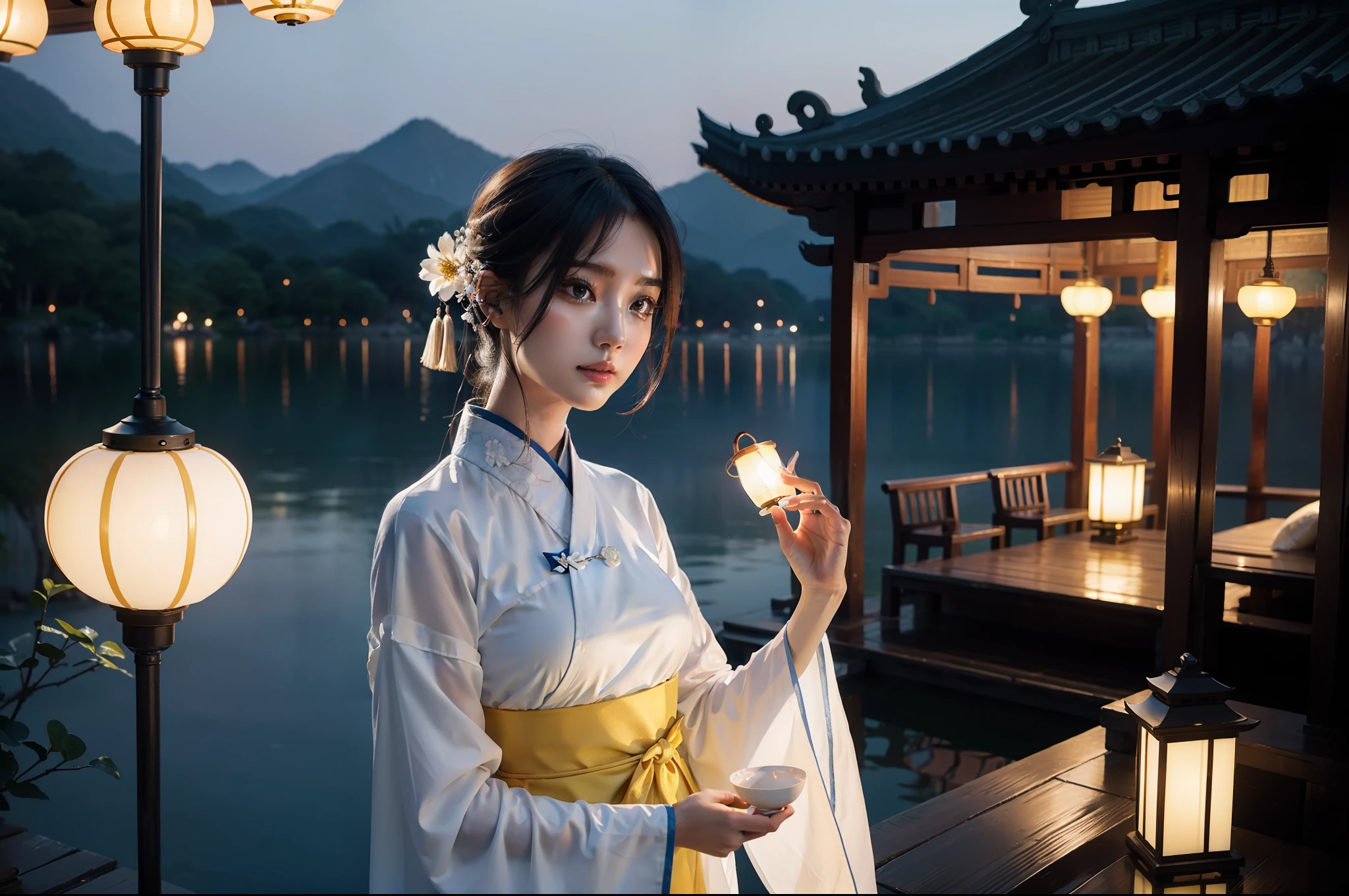 A gorgeous model dressed in white Hanfu holding a small yellow lantern of delicate ancient China in her hand, next to the pavilion by the dreamy West Lake of Hangzhou, outdoors, deep blue sky in the early morning, night view, photography grade lighting, 4K, product shoot, realistic details, perfect photos, close-up -ar 3:4 --q 2 --v 5 --s 750