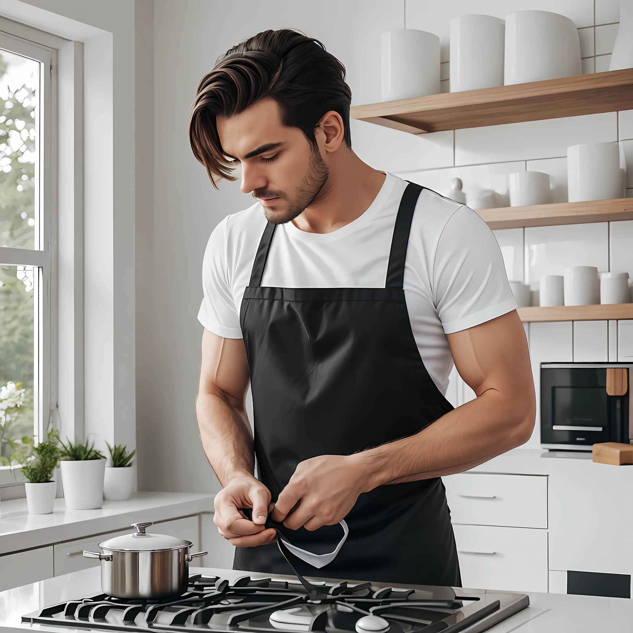 A man wearing a black apron and a white T-shirt in a white kitchen. photo for e-commerce --auto --s2