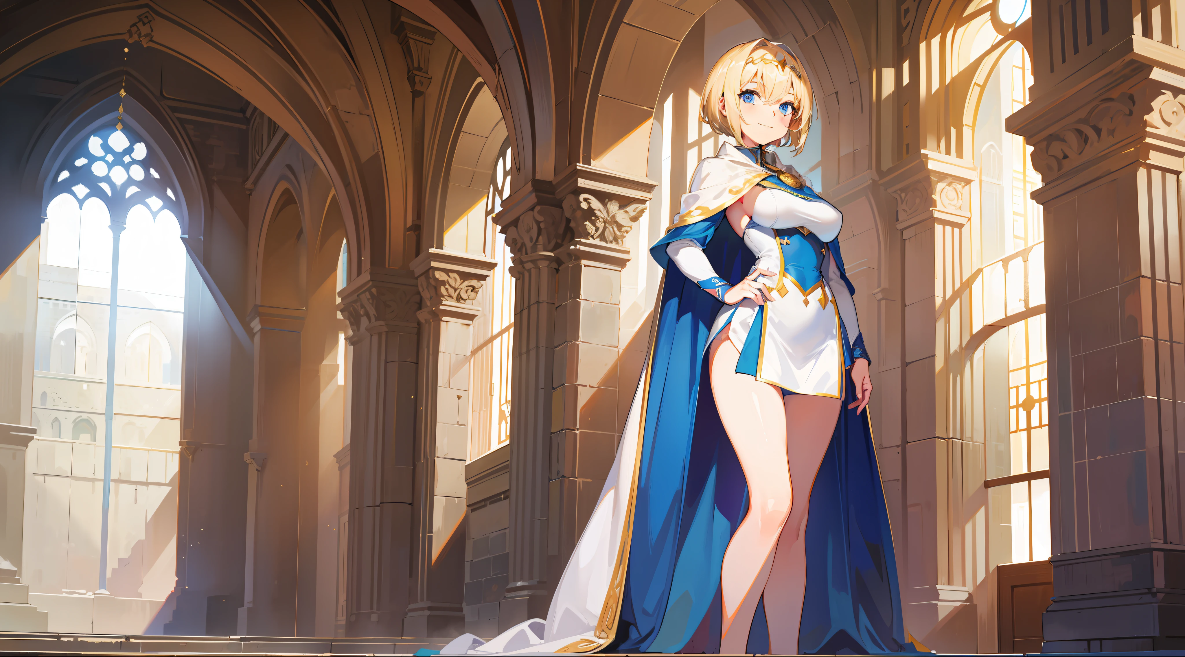 a girl, cleric, blonde, short hair, bright blue eyes, beautiful breasts, hair between eyes, bangs, full body, confident, heroic posture, smiling, looking at camera, white robe, cape, costume, medieval square, rays of sun