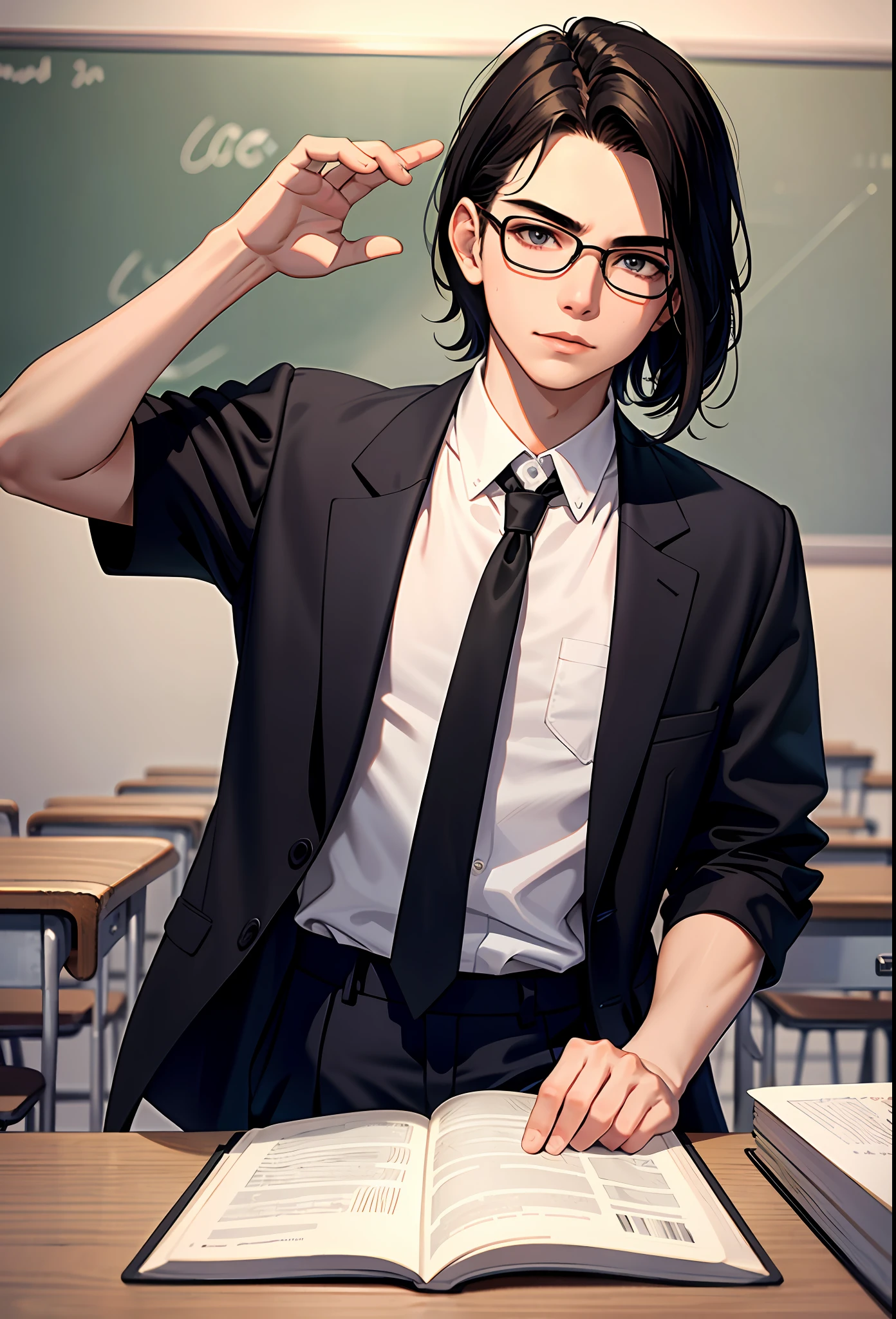 masterpiece, 1boy, male, 17 years old, medium length hair, dark hair, rectangular glasses, shirt, school, upper body,