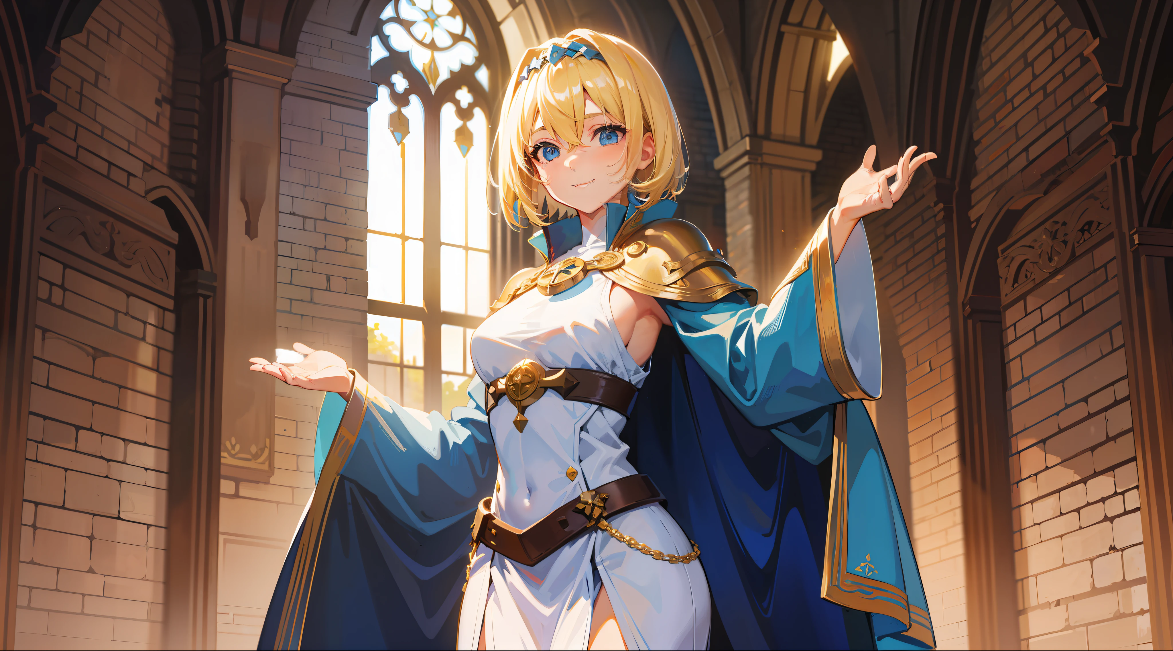 a girl, cleric, blonde, short hair, bright blue eyes, beautiful breasts, hair between eyes, bangs, full body, confident, heroic posture, smiling, looking at camera, white robe, cape, costume, medieval square, rays of sun