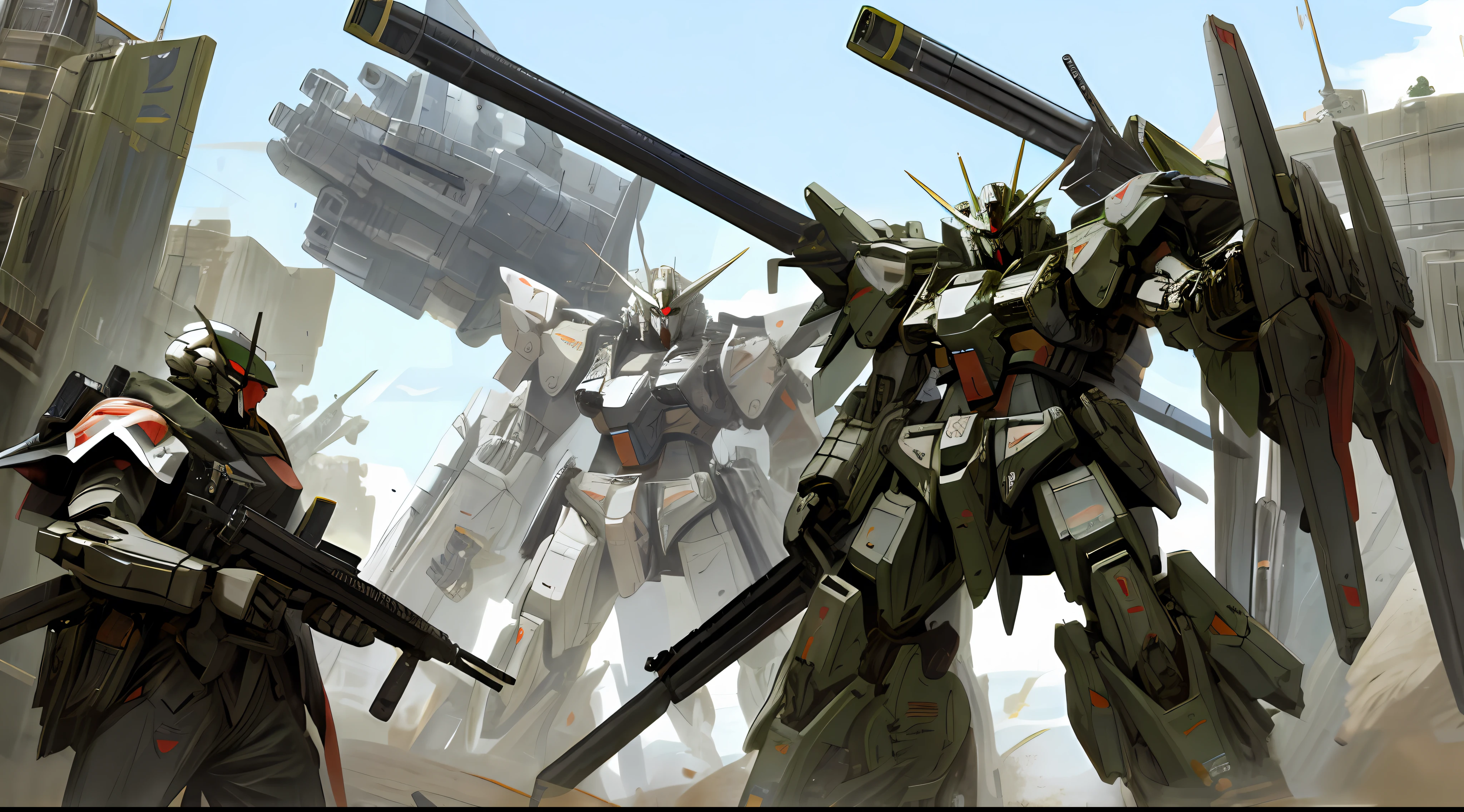 a giant robot mecha with a rifle and a shield