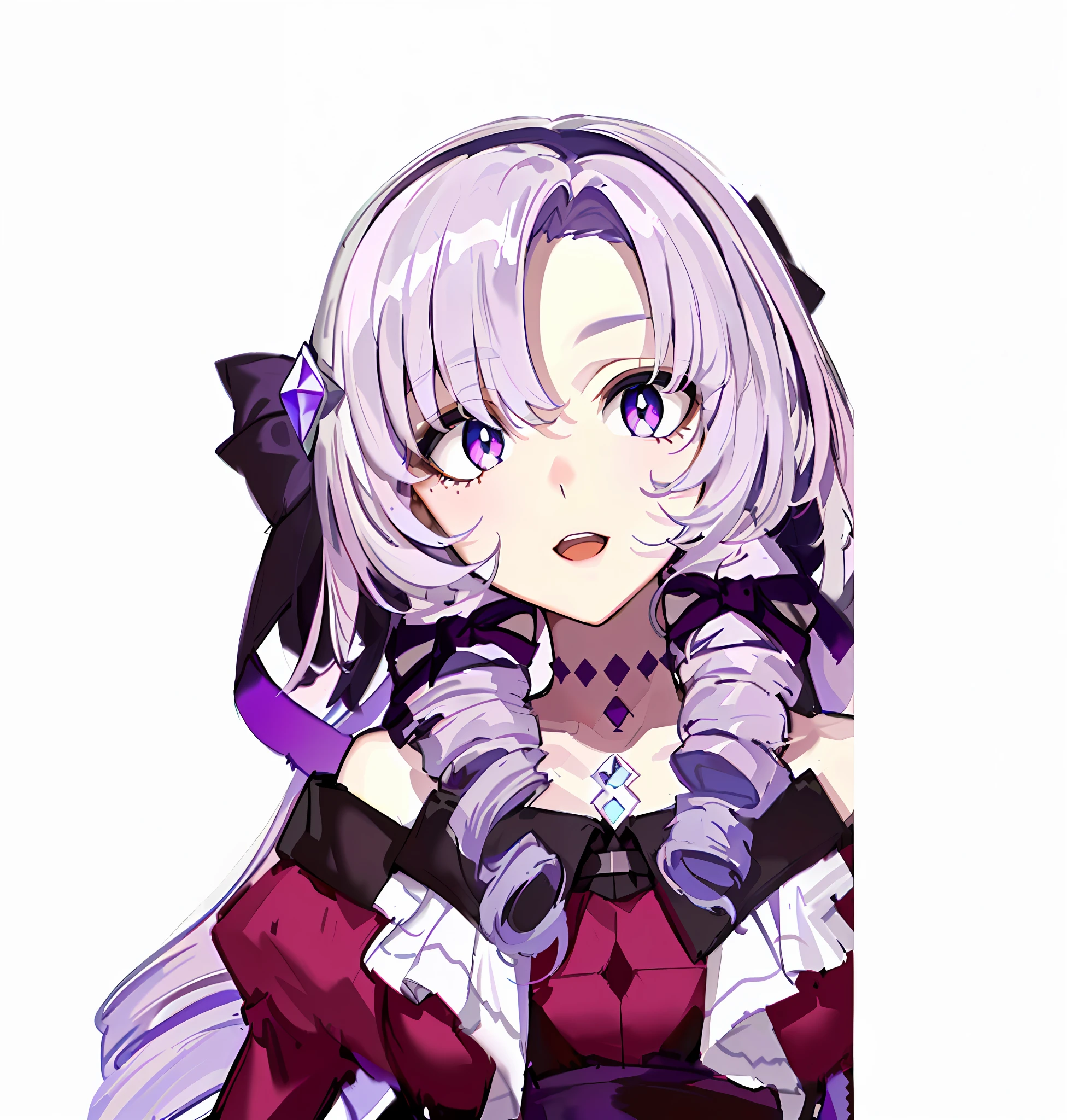 (Masterpiece, Top Quality, Best Quality, Watercolor (Medium), Official Art, Beautiful and Aesthetic: 1.2), (1 Girl: 1.3), (Fractal Art: 1.3), Upper Body, From the Side, Looking Right, Wide Open Eyes, Pupil Open Eyes, Open Mouth, Drill Hair, Purple Ribbon, Purple Eyes, Lilac Hair, Off Shoulder, Diamond in Eyes