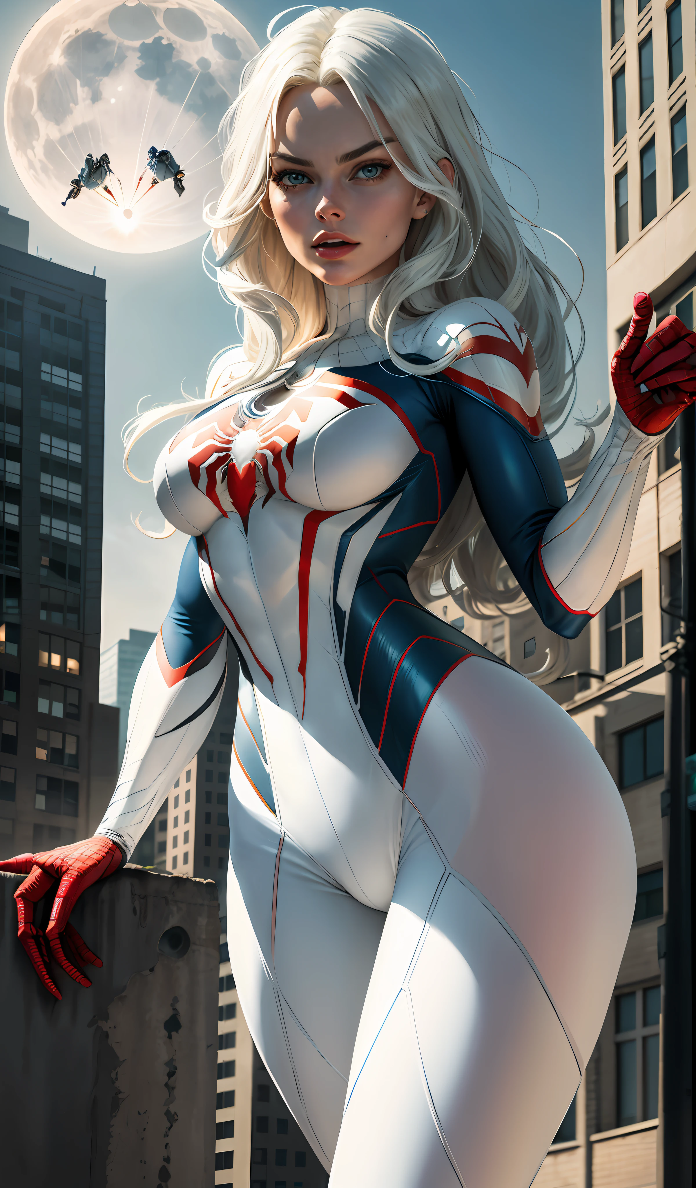 Margot Robbie (Masterpiece, 4k resolution, ultra-realistic, very detailed), (White superhero theme, charismatic, there's a girl at the top of town, wearing Spider-Man costume, she's a superhero), [ (25 years), (long white hair:1.2), full body, (blue eyes:1.2), ((Spider-Man pose),show of strength, jumping from one building to another), ((sandy urban environment):0.8)| (cityscape, at night, dynamic lights), (full moon))] # Explanation: The Prompt mainly describes a 4K painting of ultra-high definition, very realistic, very detailed. It shows a superheroine at the top of the city, wearing a Spider-Man costume. The theme in the painting is a white superhero theme, the female protagonist has long white hair, is 25 years old and her entire body is shown in the painting. In terms of portraying the actions of superheroines, spiders are employed