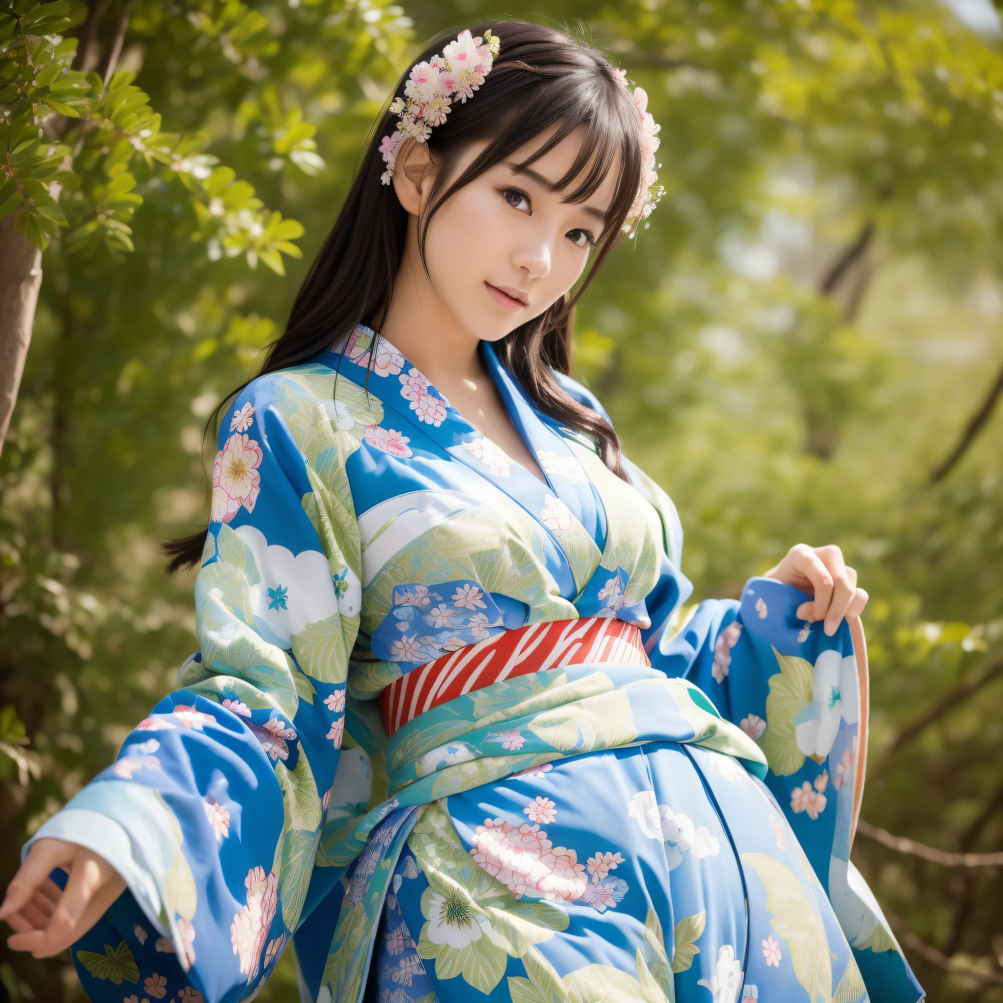 ((Best Quality, 8K, Masterpiece: 1.3)), Sharp Focus: 1.2, (Super Beautiful Face: 1.0), (Slender Abs Beauty: 1.0), (Shiny Skin: 1.0), Realistic Photography, Black Hair, Realistic Pupils, Video Lighting, High Definition Eyes and Face, Video Lighting, (Cowboy Shot: 1.3), Kimono, Hakama, Obi, (Japan Cute Actress), In Nature, Traditional Kimono, Super Big, Fluttering, Spread your valleys and legs