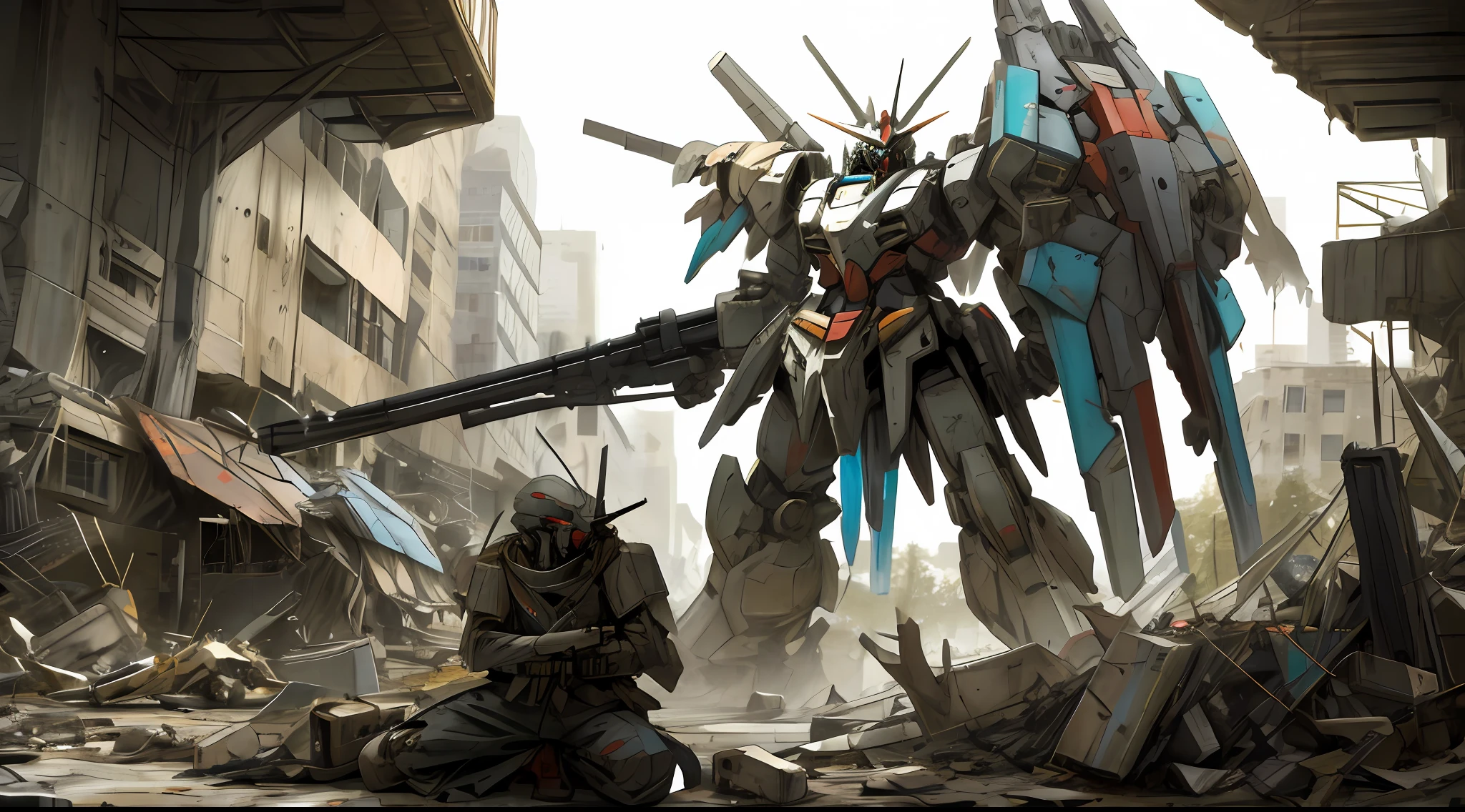 a colored giant robot mecha with a rifle and a shield in a destroyed city