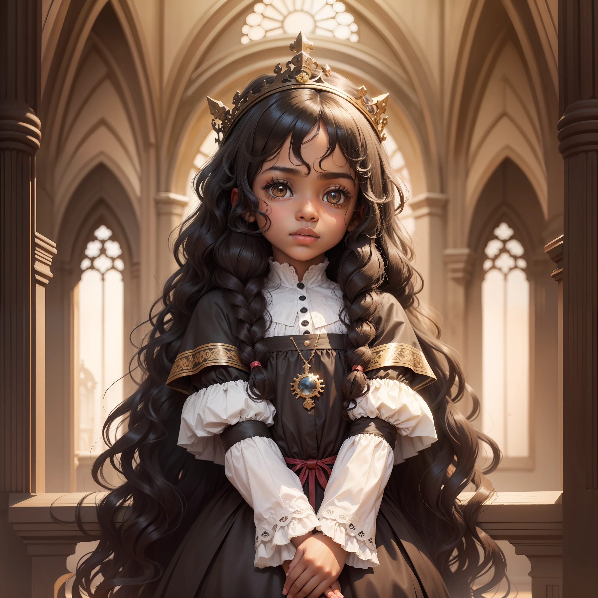 a little girl with brown skin, long, black and curly hair, her angelic face, 11 years old, medieval princess --auto --s2