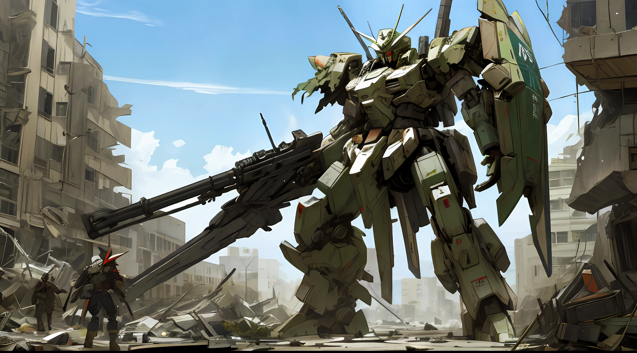a colored giant robot mecha with a rifle and a shield in a destroyed city