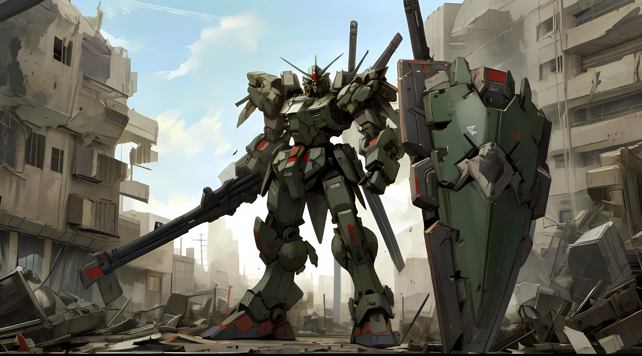 a colored giant robot mecha with a rifle and a shield in a destroyed city