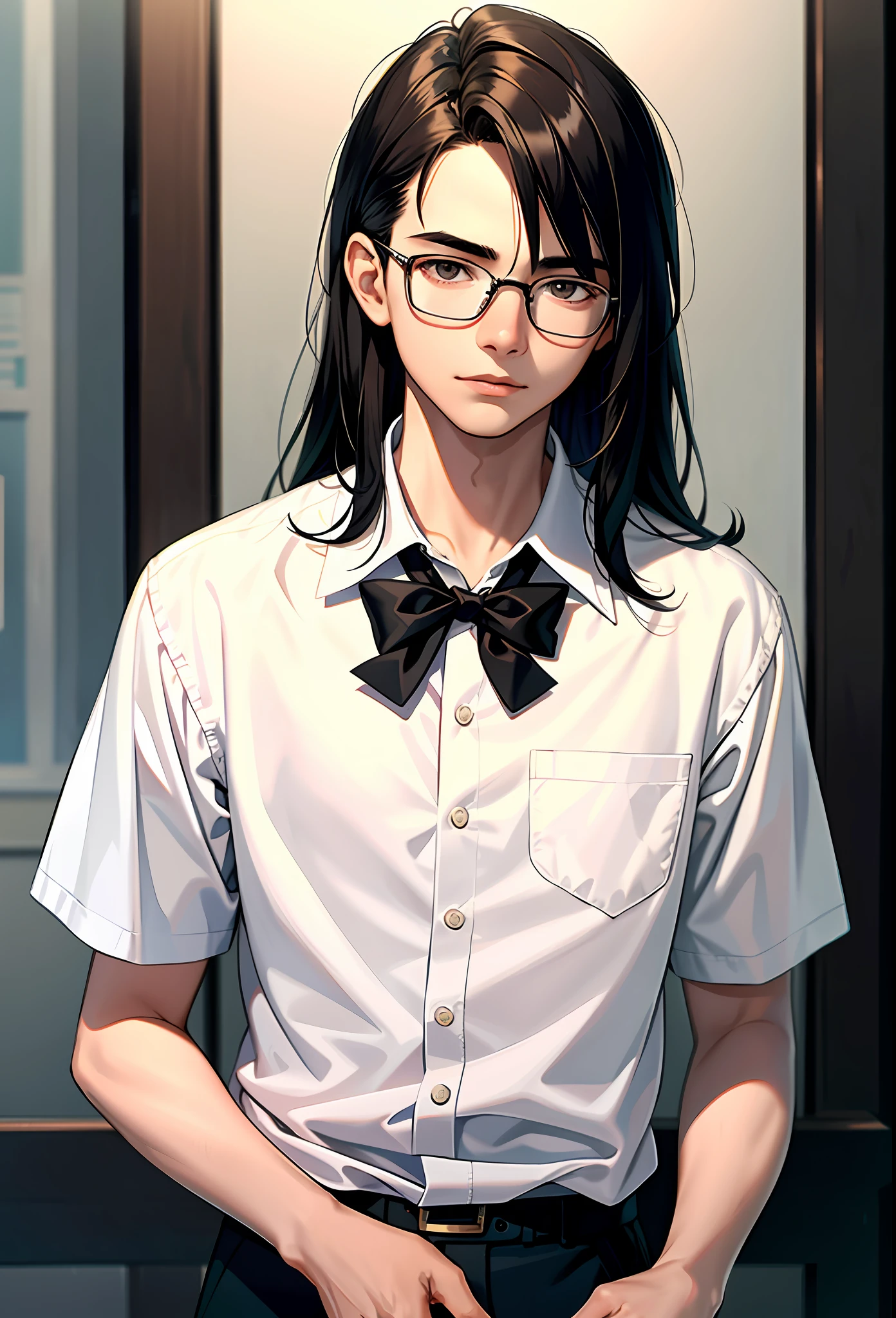masterpiece, 1boy, male, 17 years old, medium length hair, dark hair, rectangular glasses, shirt, school, upper body,