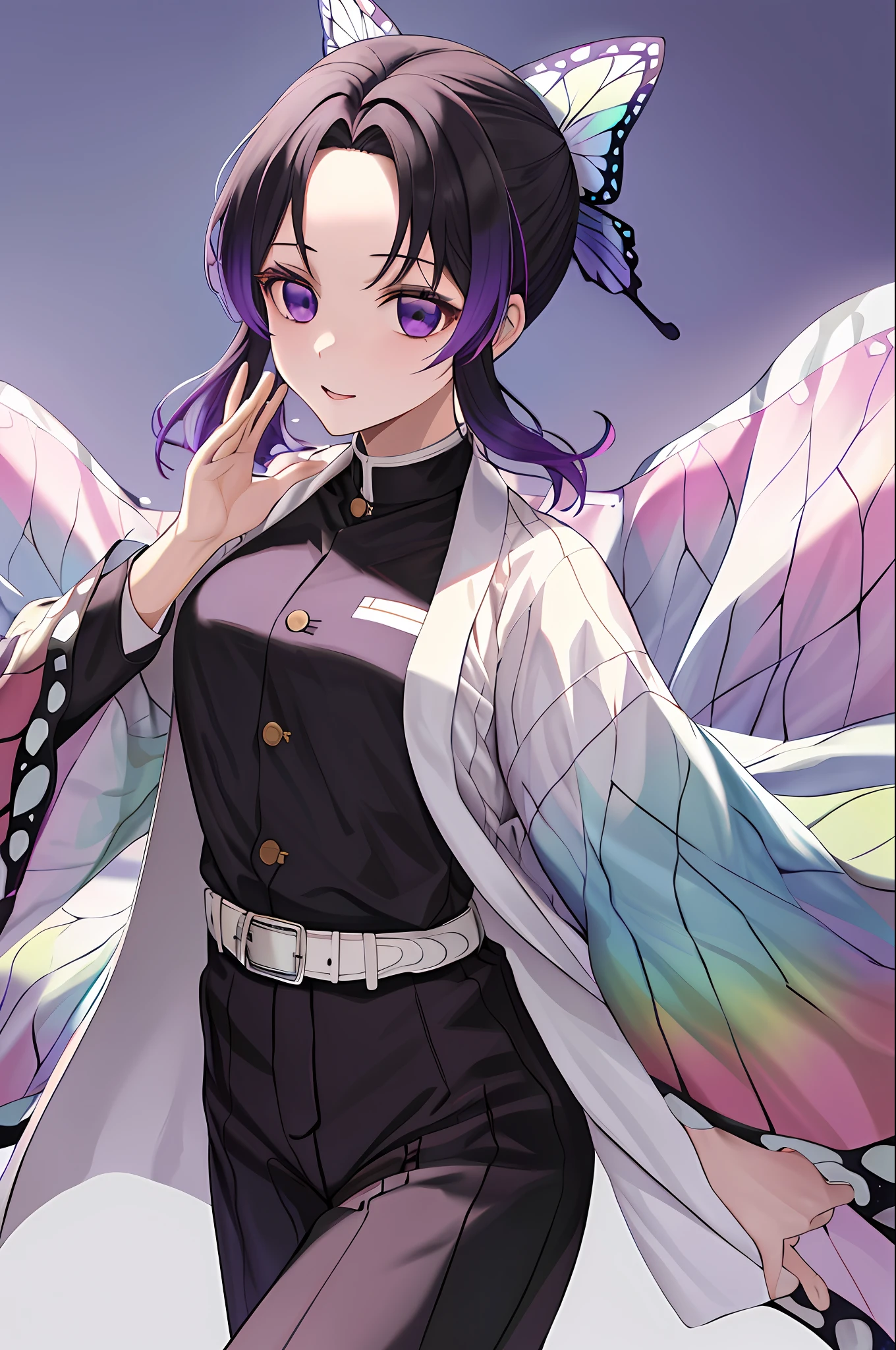 masterpiece, best quality, highres, 1girl, solo, kochou shinobu, butterfly hair ornament, purple eyes, multicolored hair, short hair, parted bangs, haori, wide sleeves, long sleeves, black pants, black jacket, belt, cowboy shot,