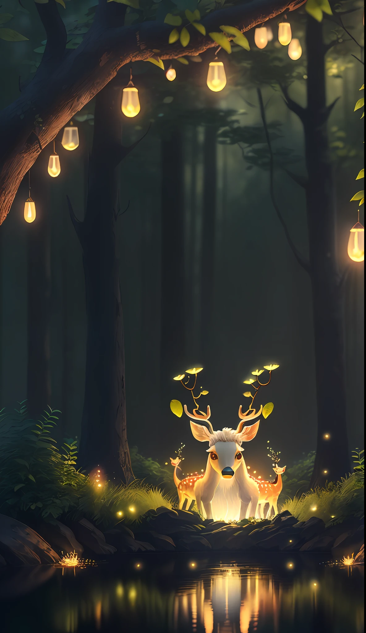 Masterpiece, best quality, (very detailed CG unity 8k wallpaper), (best quality), (best illustration), (best shadows), glow sprite, with a glowing deer, in the swimming pool Drinking water, natural elements in the forest theme. Mysterious forest, beautiful forest, nature, surrounded by flowers, delicate leaves and branches surrounded by fireflies (natural elements), (jungle theme), (leaves), (twigs), (fireflies), (particle effects) etc. 3D , Octane rendering, ray tracing, super detailed