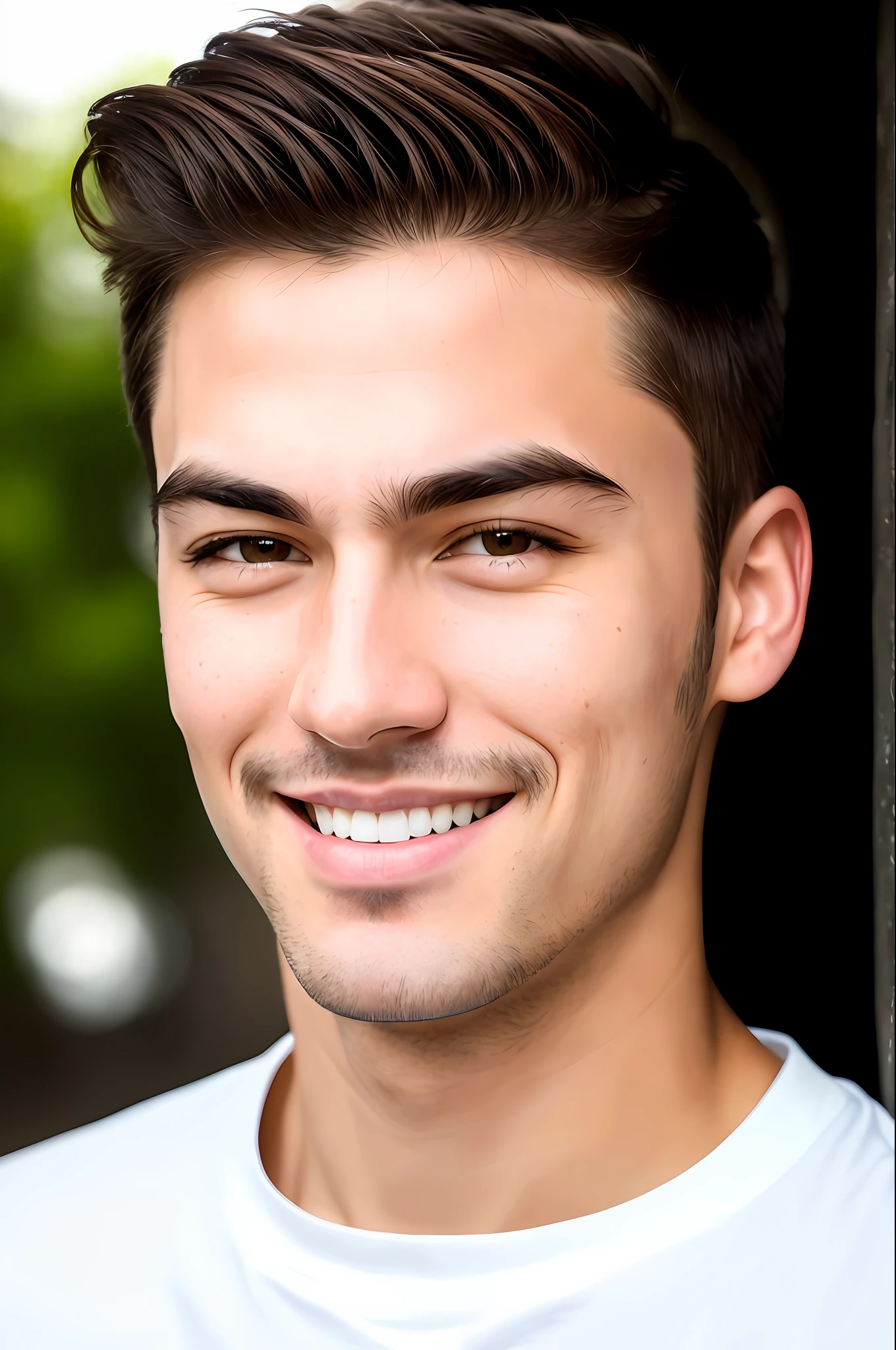 (8K, HDR, Hi-Res), (((Photography, RAW Photography, Hyperrealism, Masterpiece, Best Quality, Ultra High Definition)))), (Pin Light, Backlight, Backlight, Cinematic Light), Sharp Focus: 1. 4, (hyper detail, fine detail),
1 male, Asian, fearless face, deep cut eyes of moat, nose with straight nose, thin lips, thick eyebrows, long eyelashes. ruddy skin, pale and stubble, center-parted hair, brown hair, white cutter shirt, smile: 1.4,