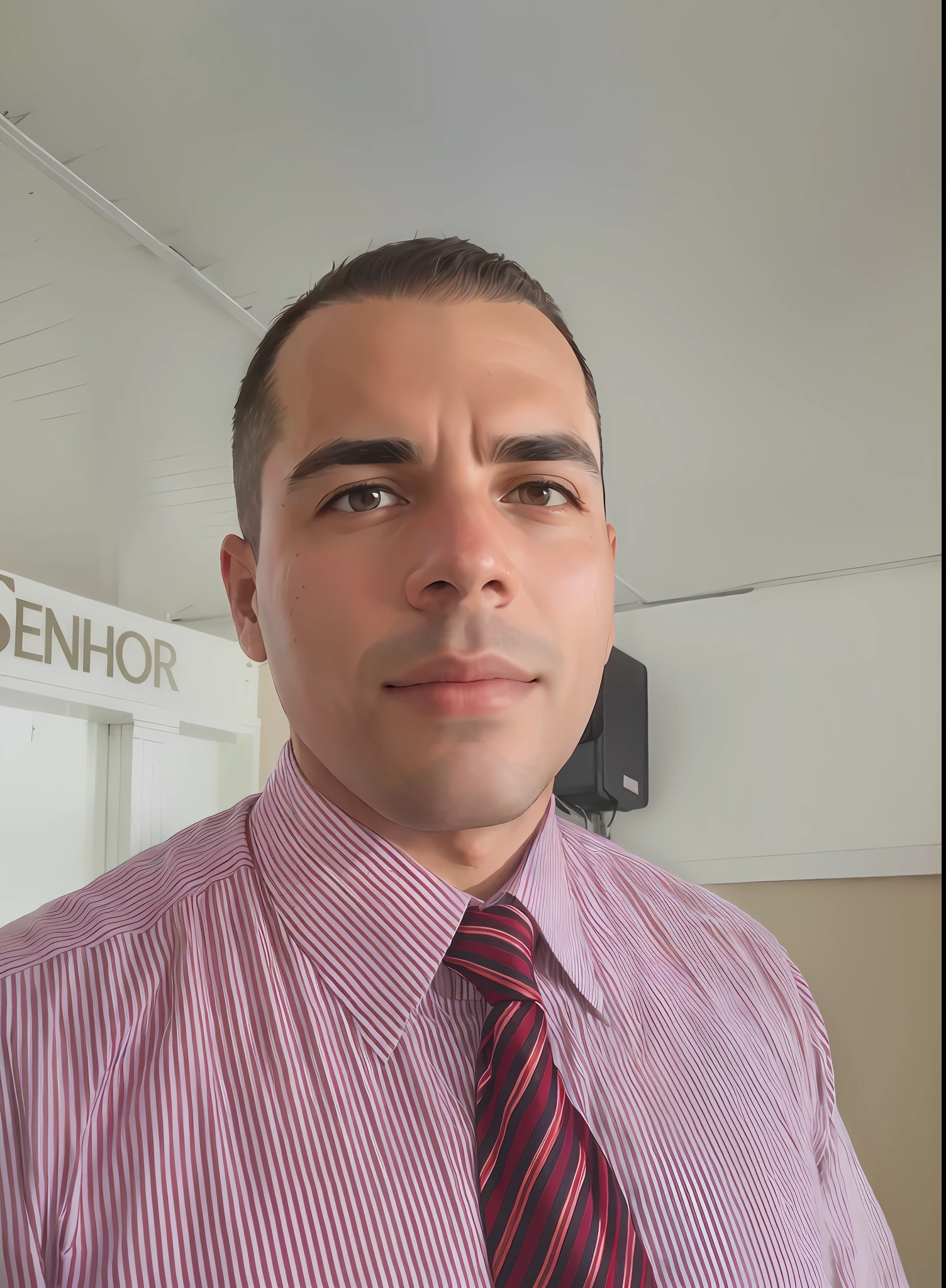 Man in red and white shirt and tie, front photo